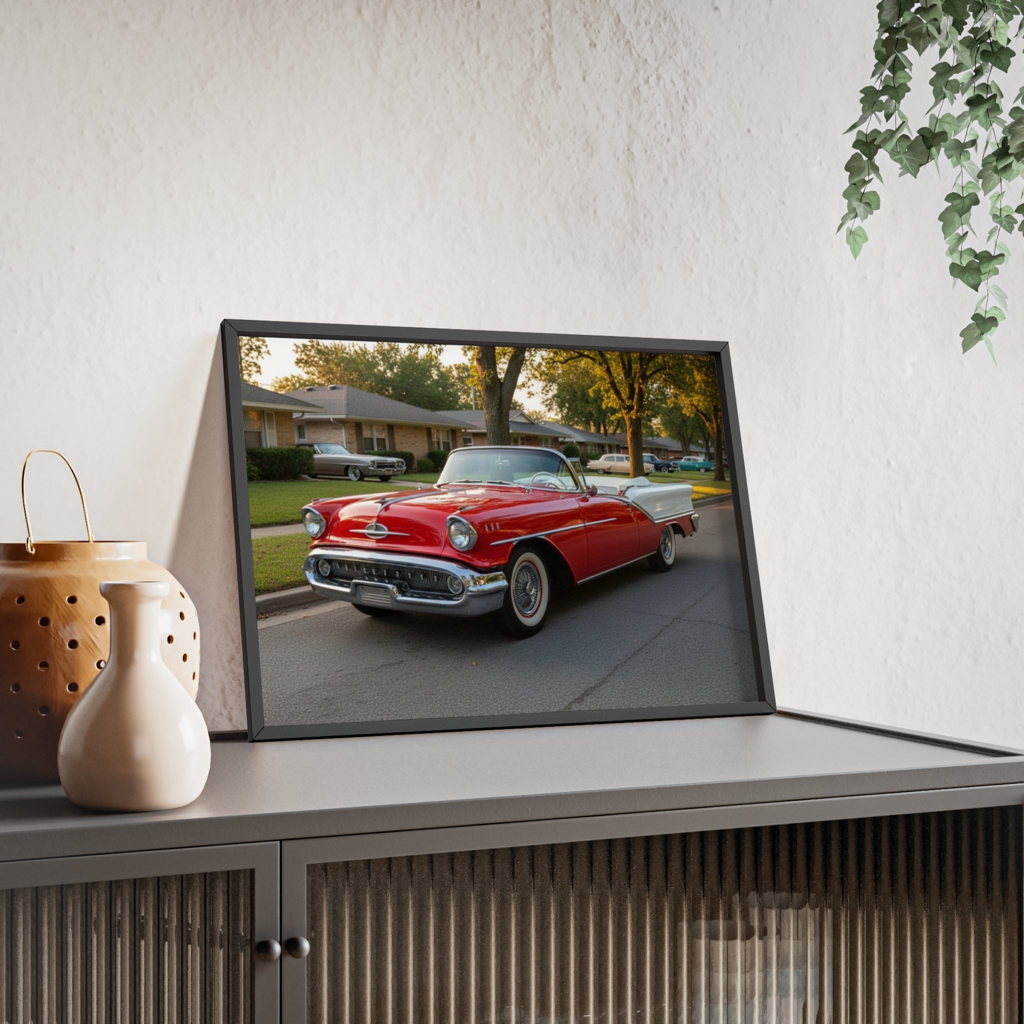 Vintage Red Convertible Poster with Wooden Frame — Classic Car Wall Art