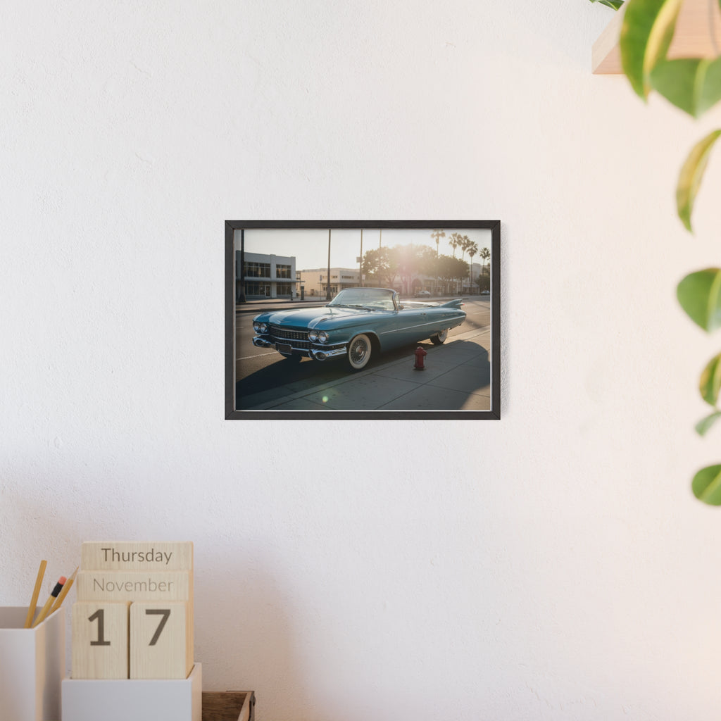 Vintage Blue Cadillac Poster with Wooden Frame – Retro Car Wall Art