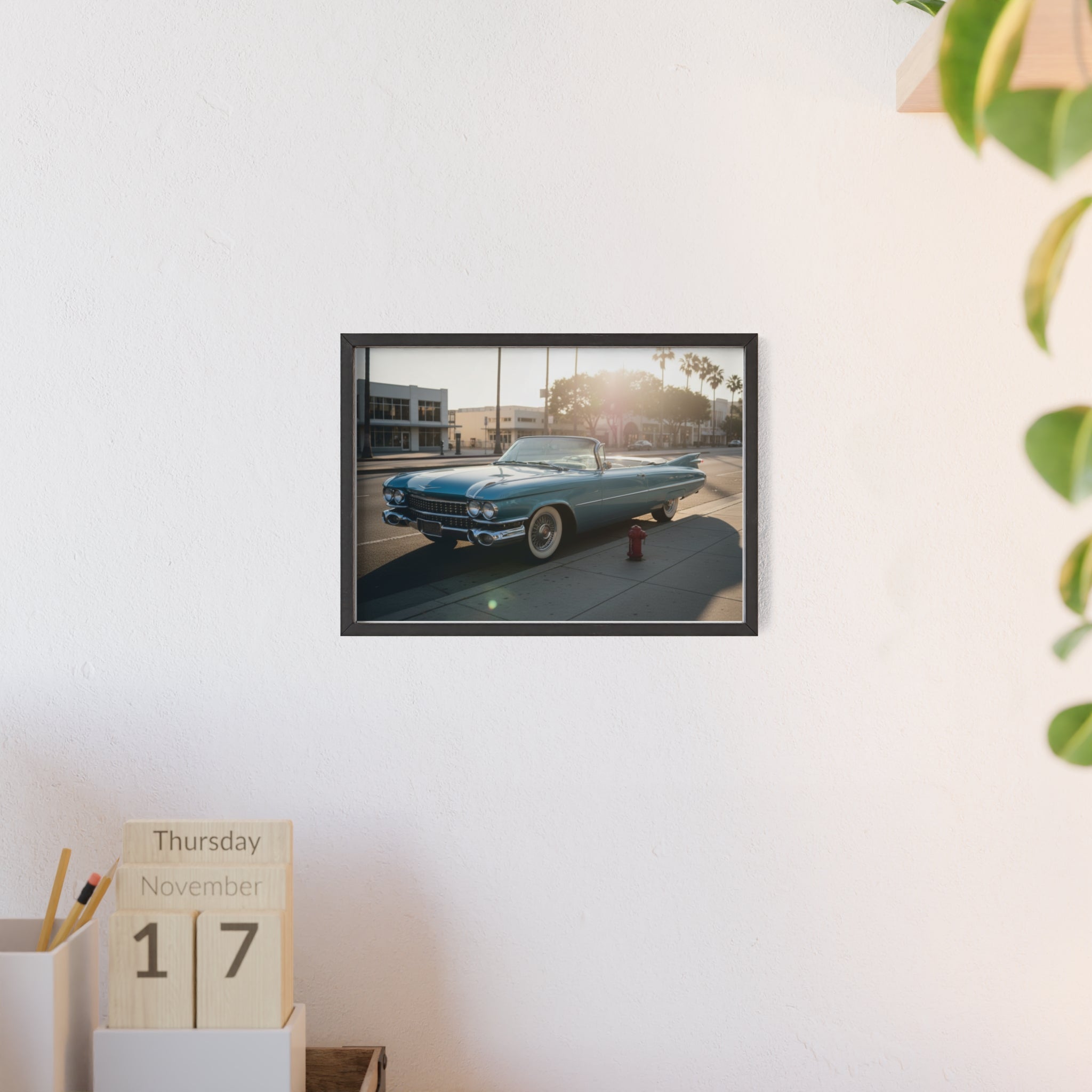 Vintage Blue Cadillac Poster with Wooden Frame – Retro Car Wall Art