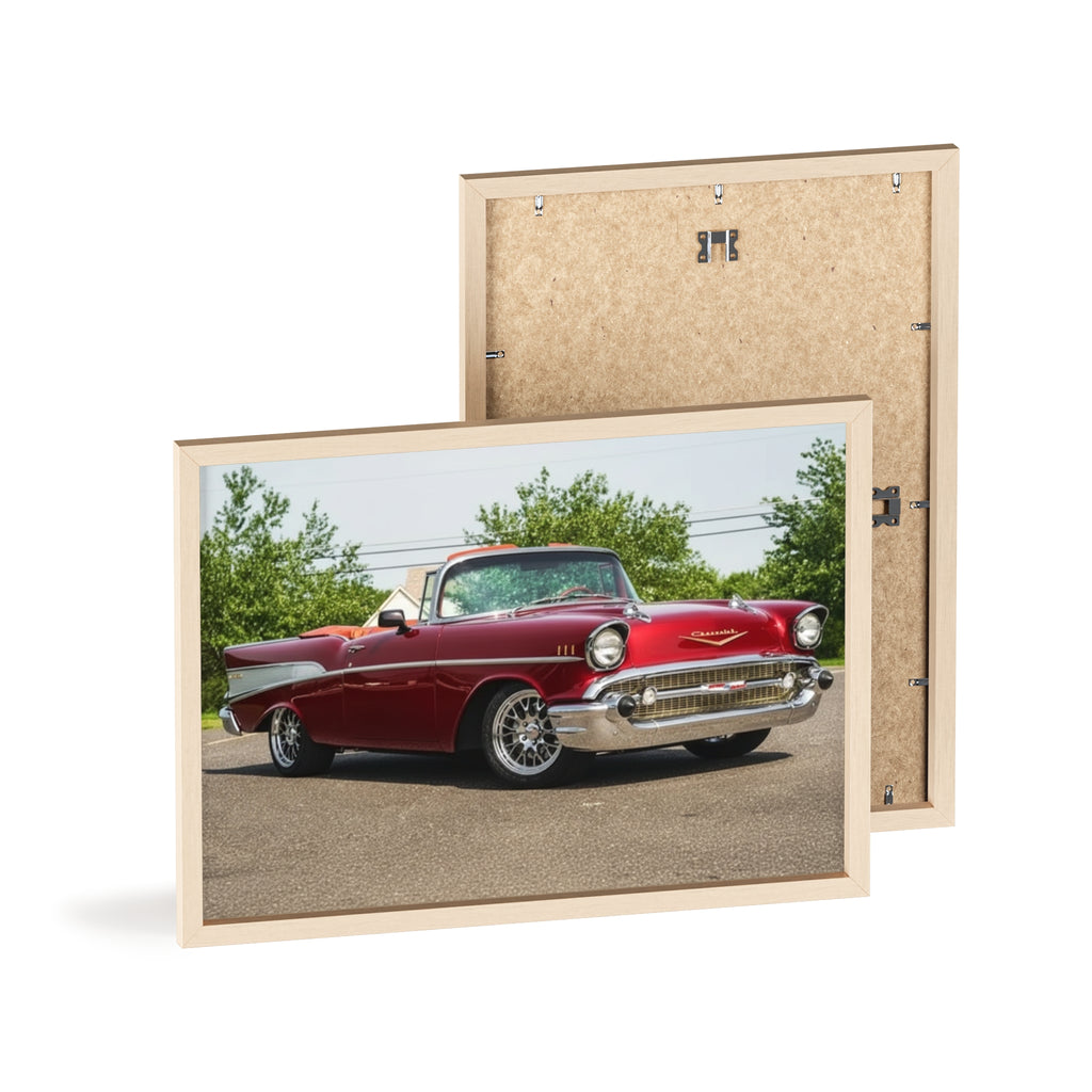 Vintage Red Classic Car Poster with Wooden Frame — Retro Automotive Wall Art