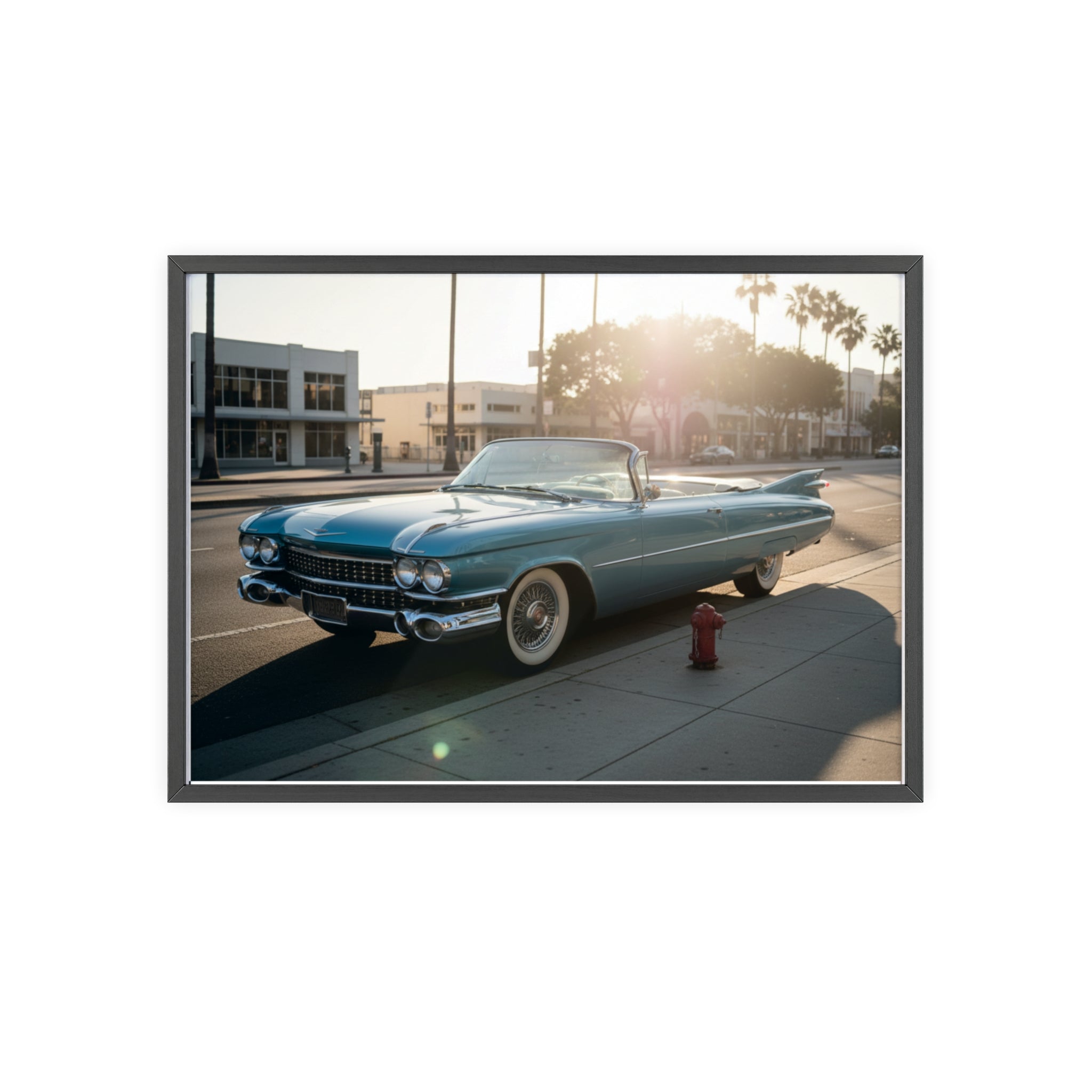 Vintage Blue Cadillac Poster with Wooden Frame – Retro Car Wall Art