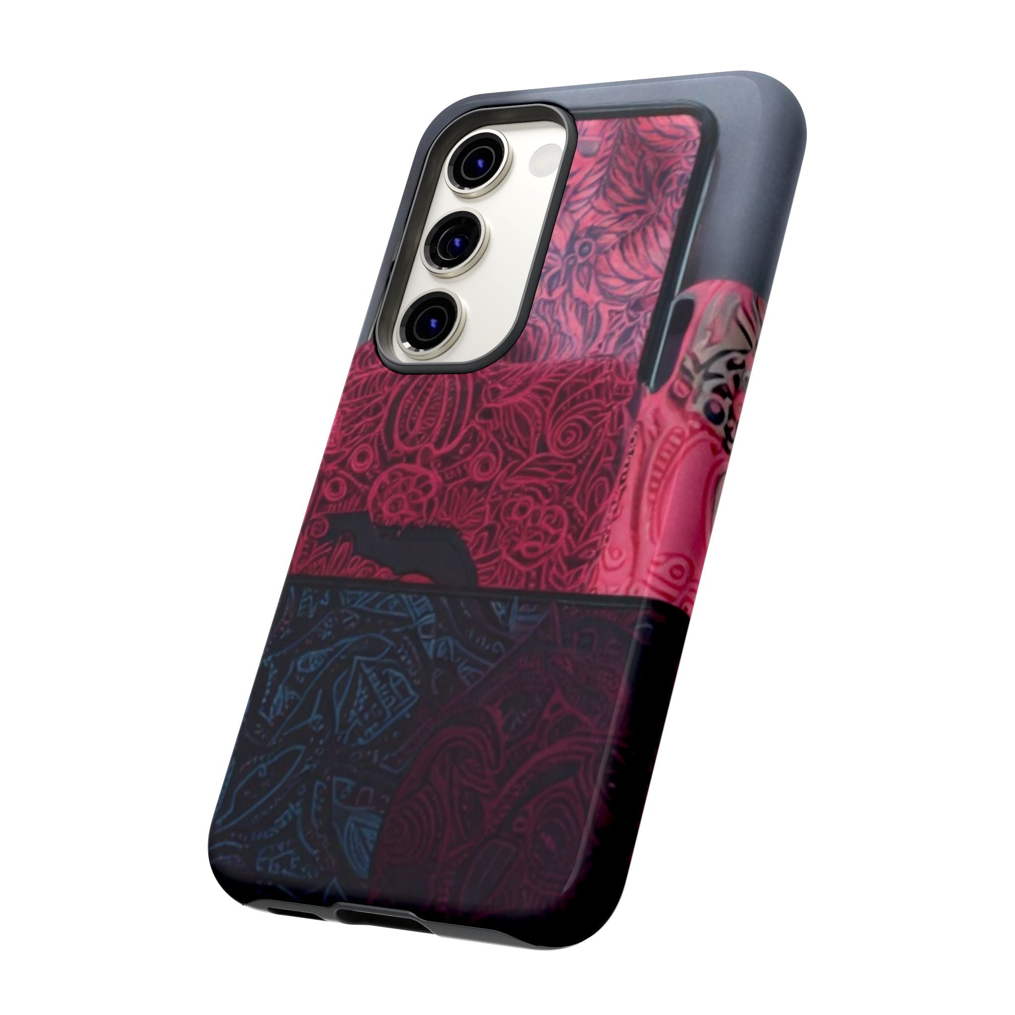 Floral Patchwork Tough Phone Case — Pink & Navy Doodle Design