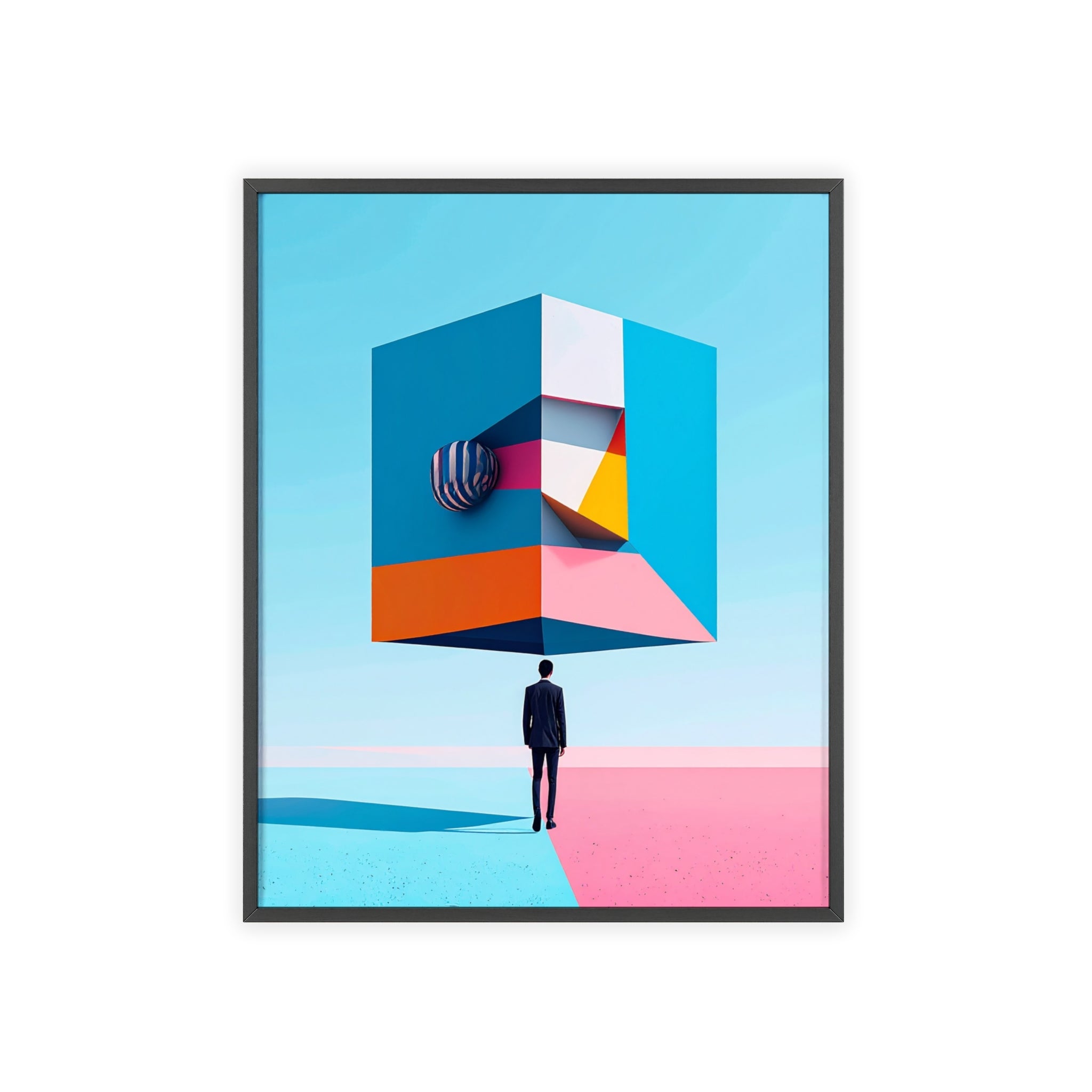 Surreal Geometric Art Poster with Wooden Frame — Modern Minimal Wall Decor