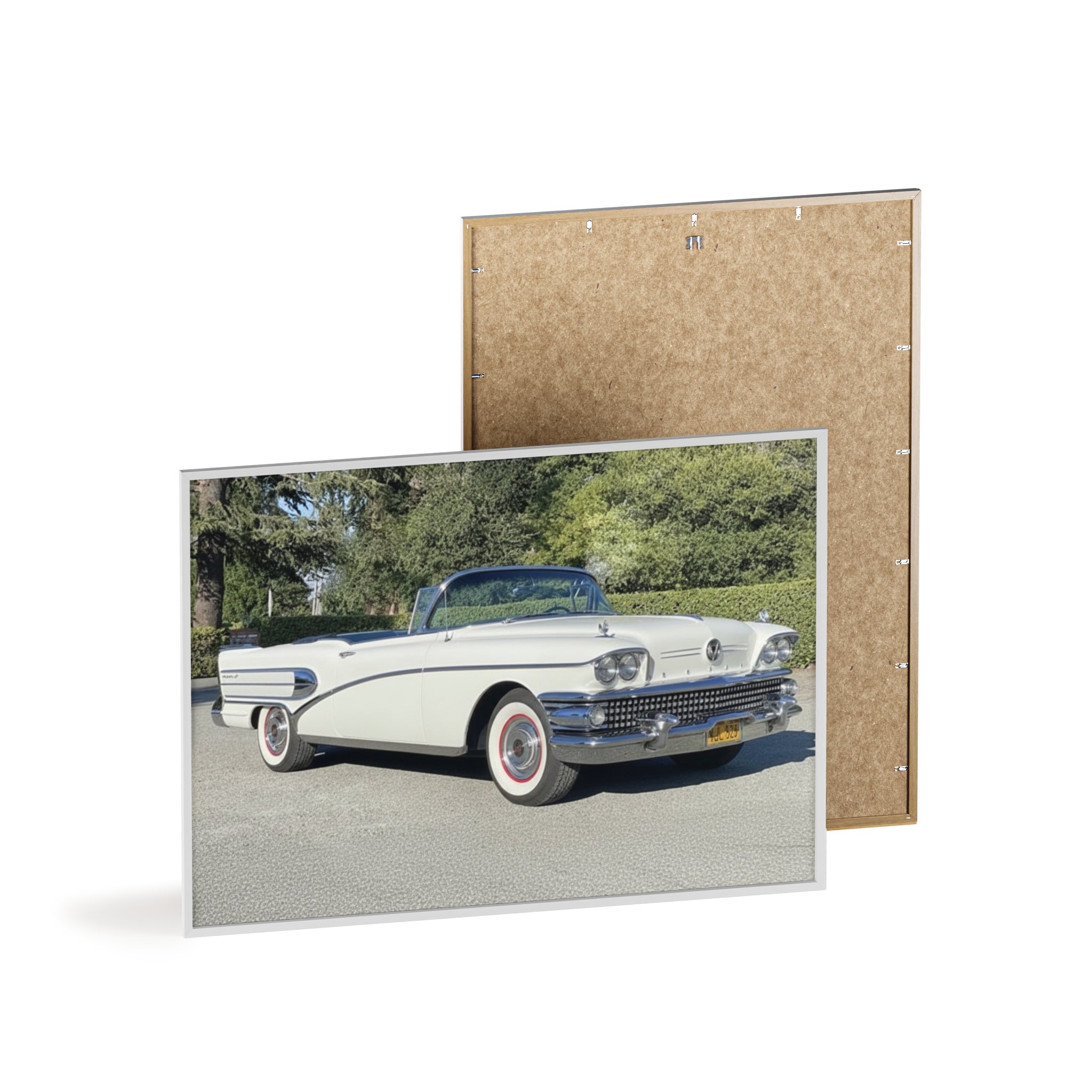 Classic White Convertible Car Poster with Wooden Frame — Vintage Auto Wall Art