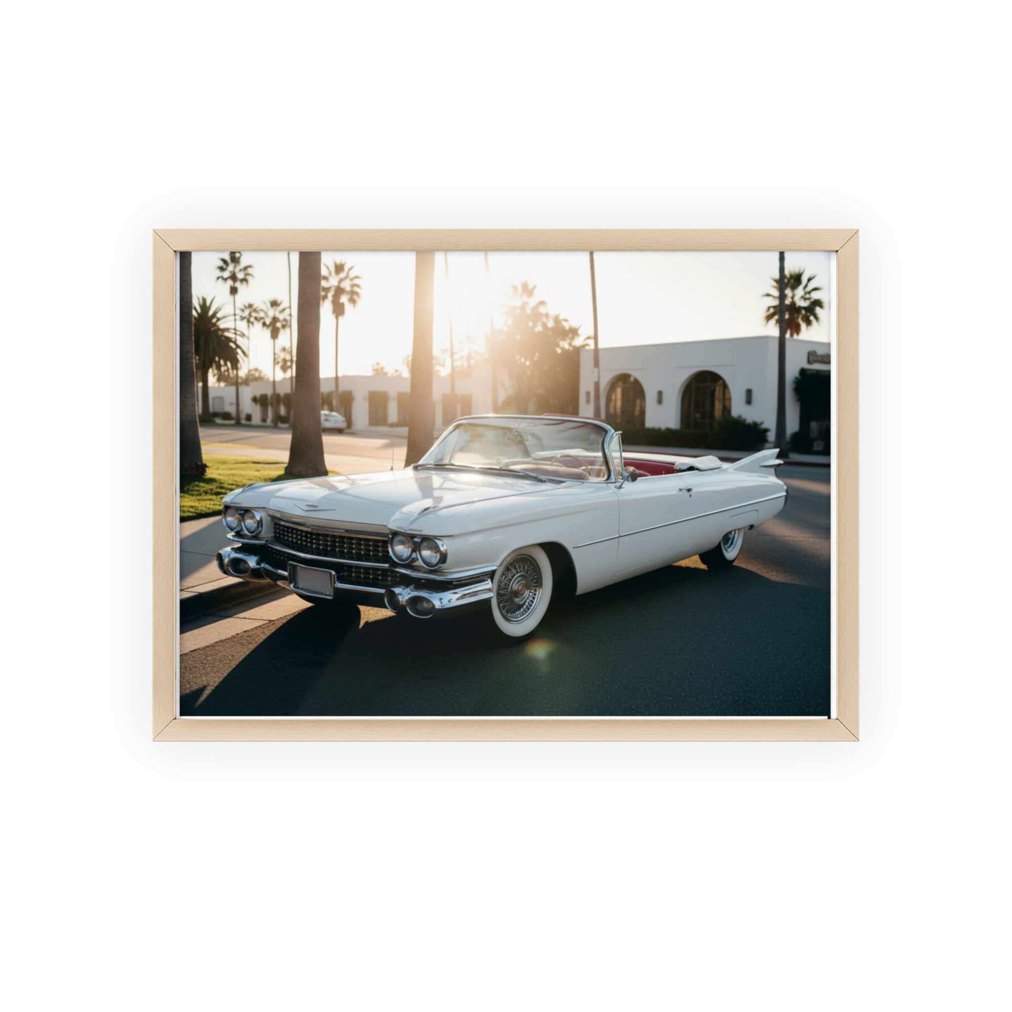 Vintage Cadillac Convertible Poster with Wooden Frame — Retro Palm Trees Sunset Wall Art