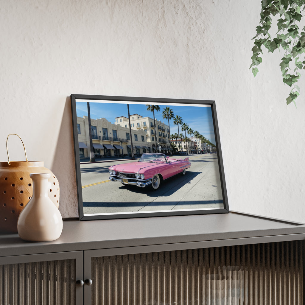 Retro Pink Cadillac Poster with Wooden Frame — Vintage Palm-Drive Wall Art