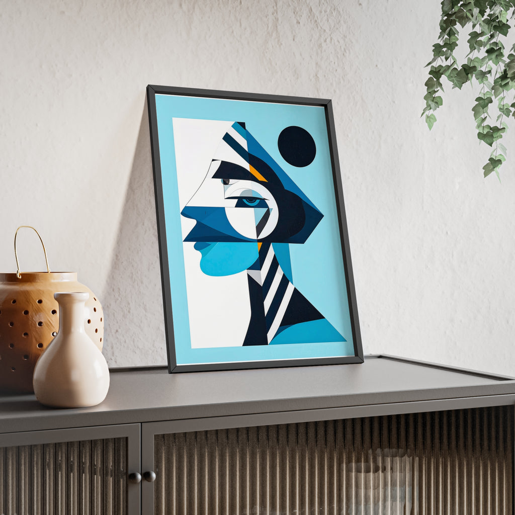 Abstract Geometric Portrait Poster with Wooden Frame — Blue Modern Wall Art