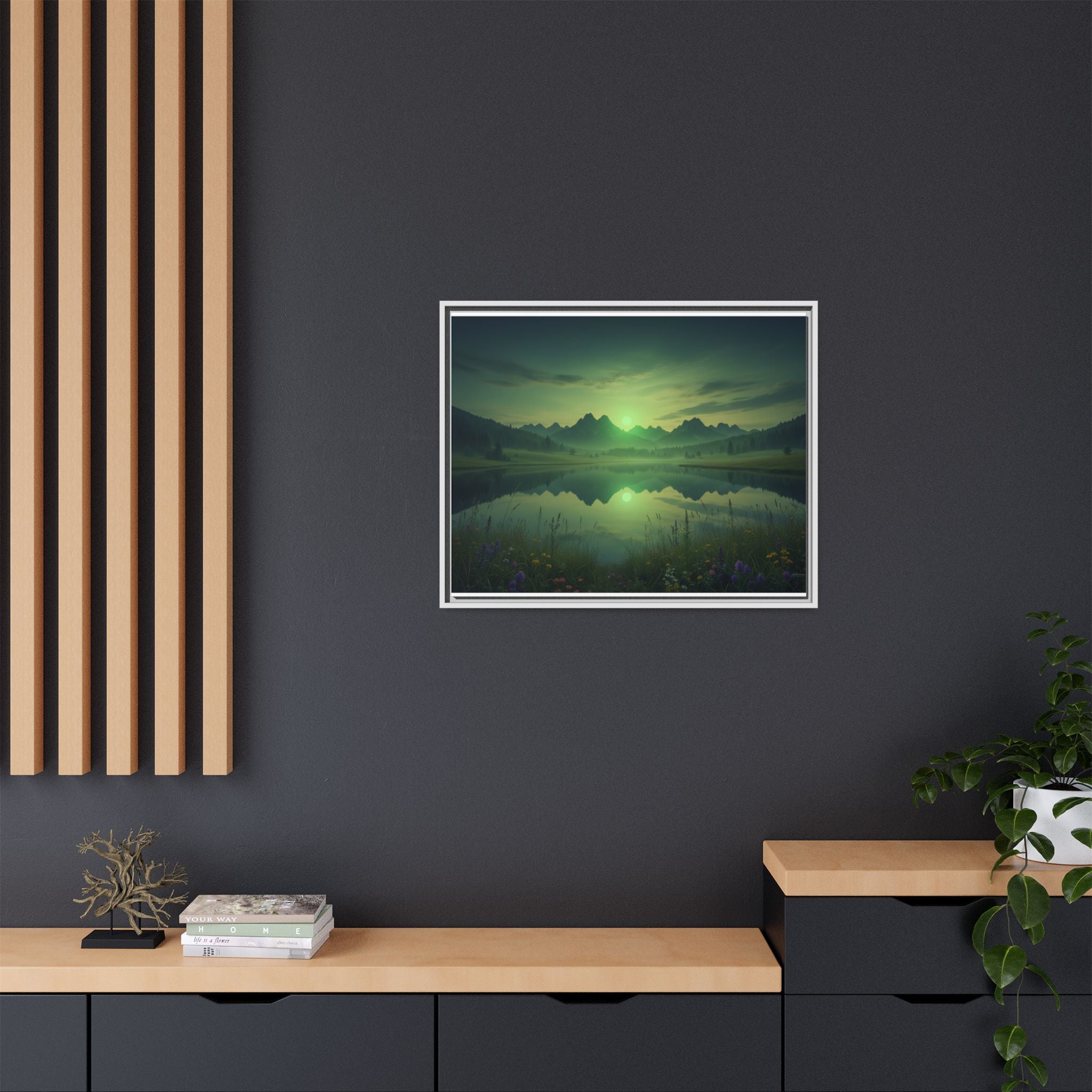 Framed Matte Canvas Print — Serene Green Mountain Lake Landscape