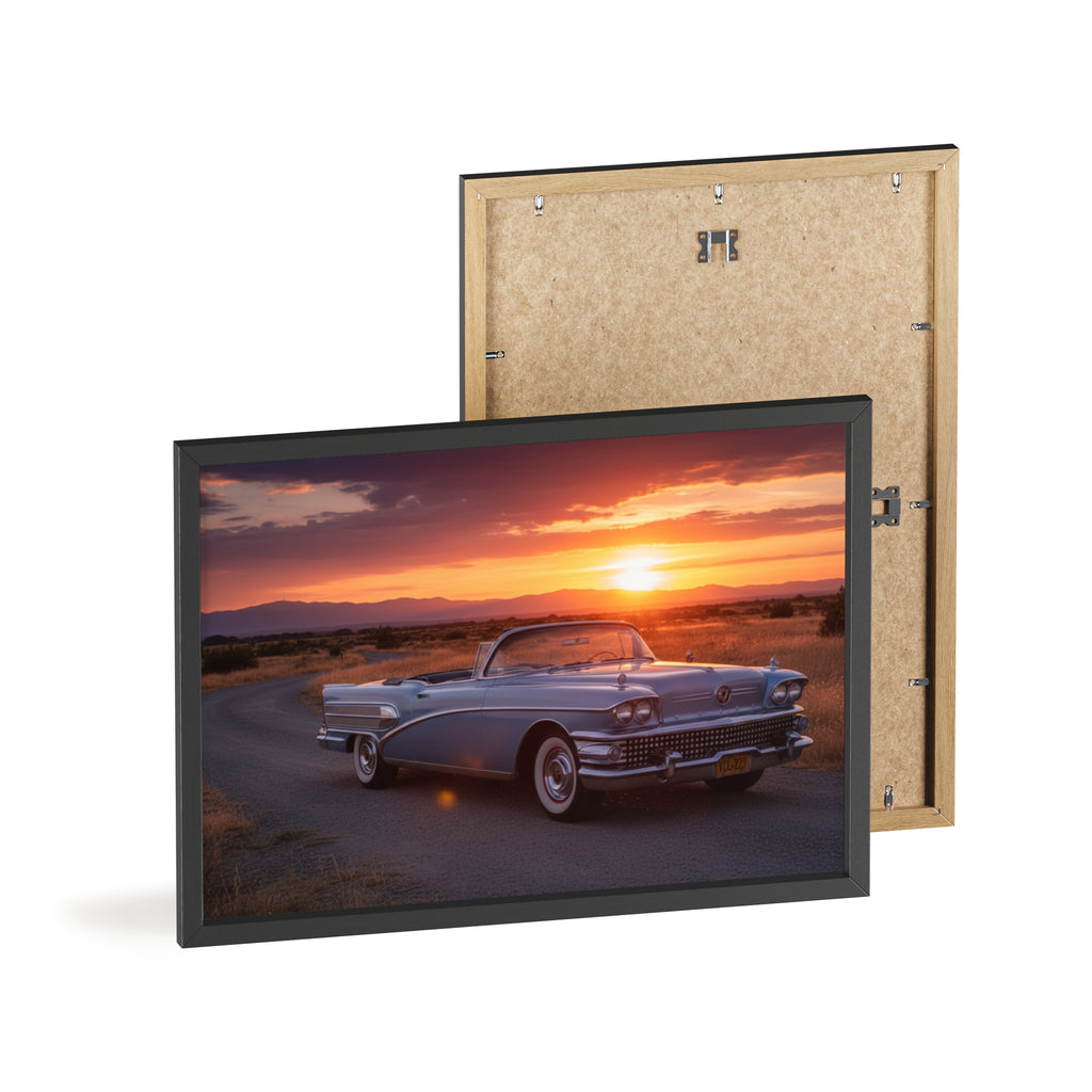 Vintage Convertible Sunset Poster with Wooden Frame
