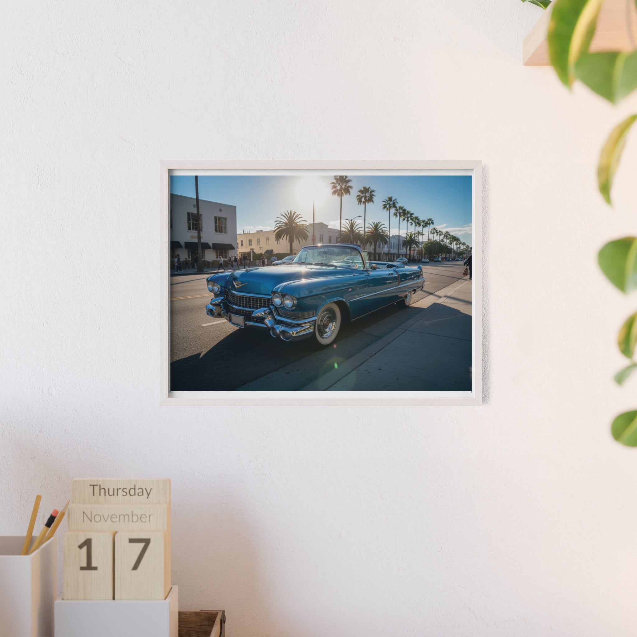 Framed Vintage Cadillac Poster – Retro Palm-Tree Coastal Car Wall Art