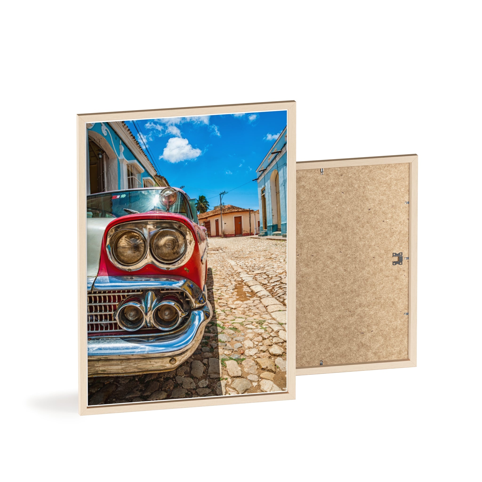 Vintage Classic Car Poster with Wooden Frame — Retro Cuba Street Photography Wall Art
