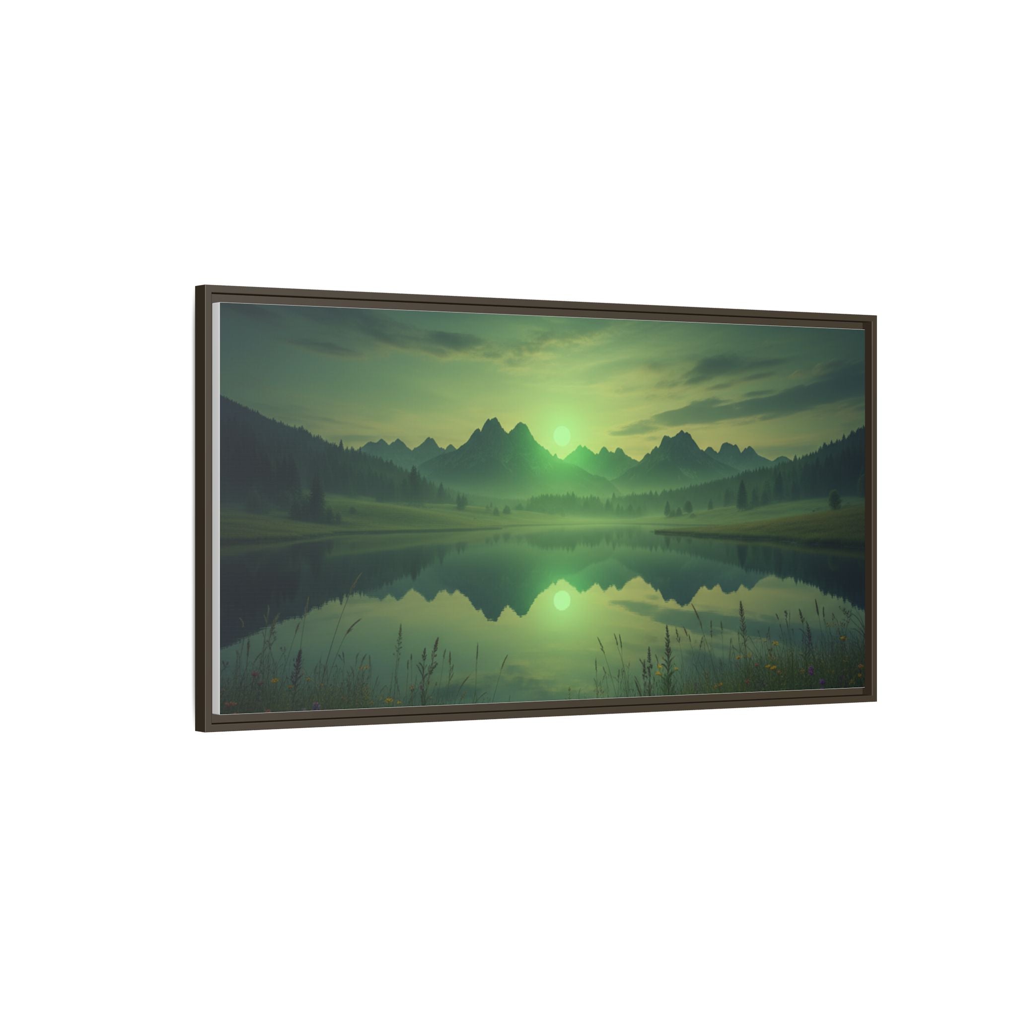 Framed Matte Canvas Print — Serene Green Mountain Lake Landscape