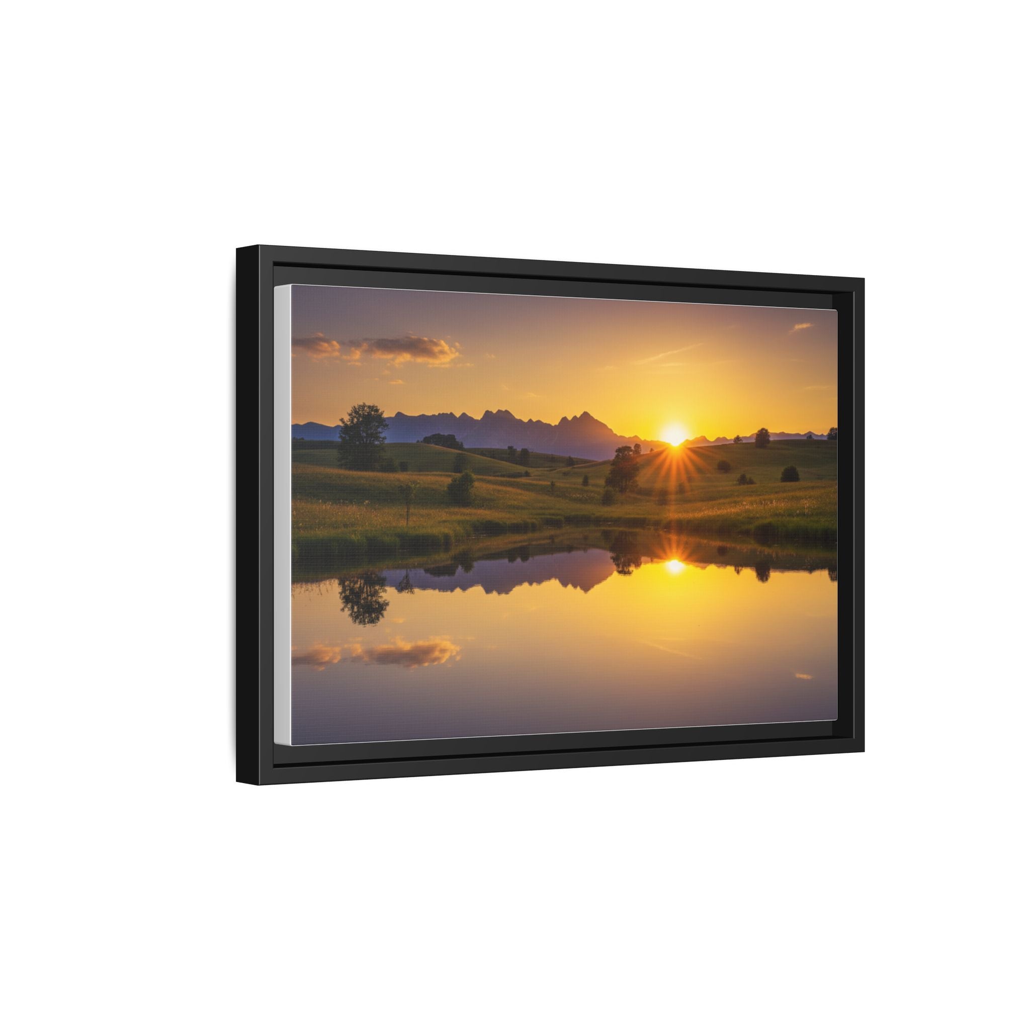 Framed Matte Canvas Sunset Landscape — Serene Lake Reflection Wall Art