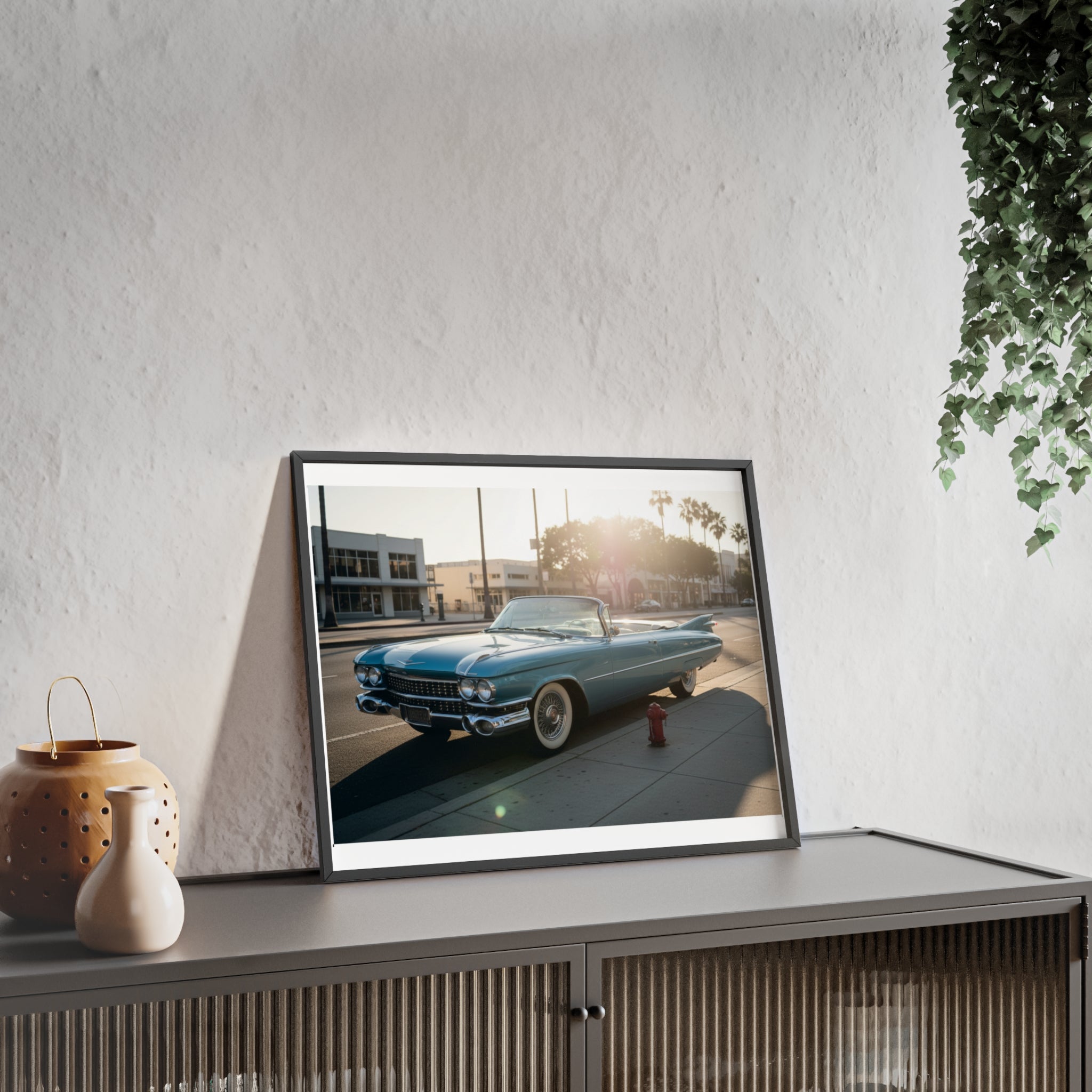 Vintage Blue Cadillac Poster with Wooden Frame – Retro Car Wall Art