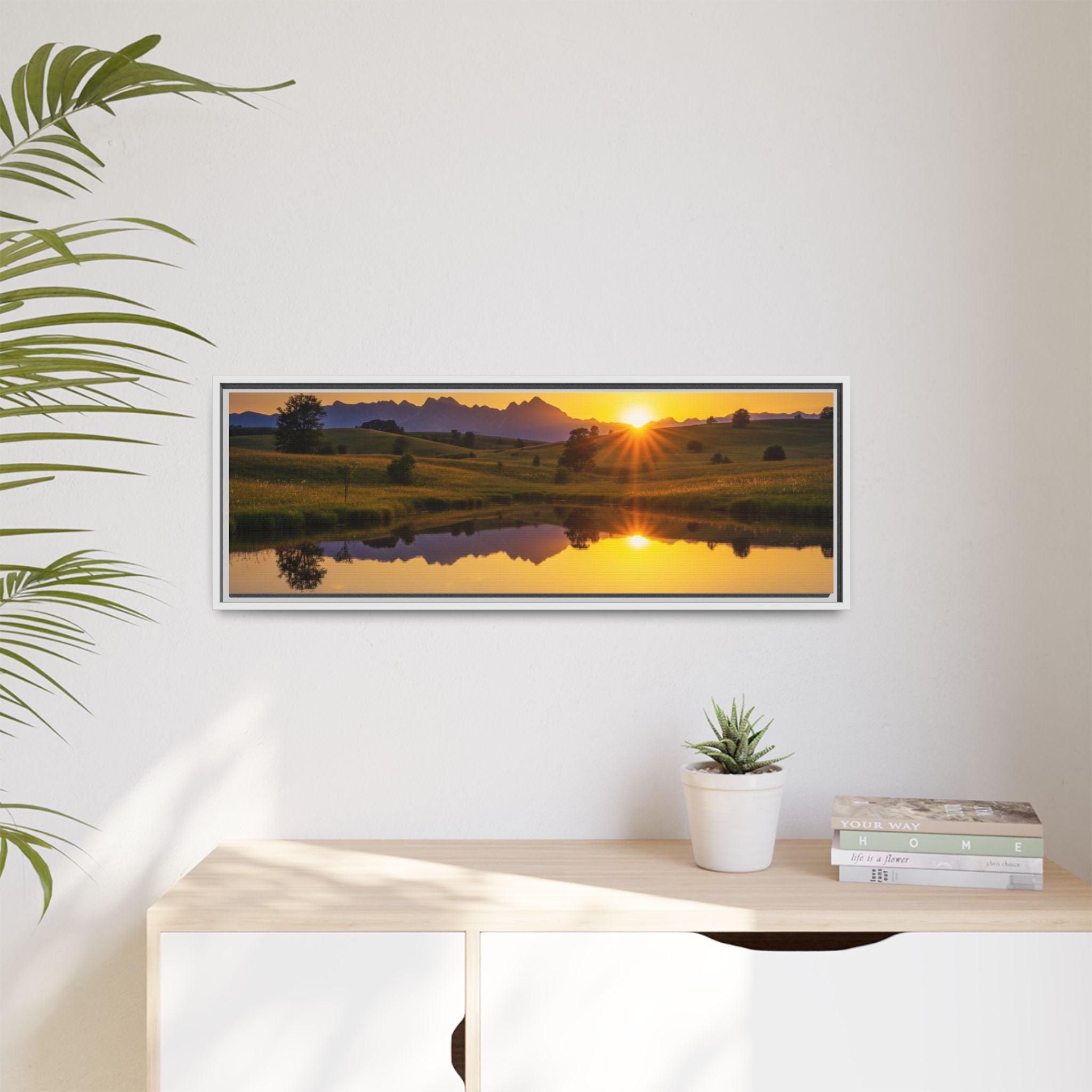 Framed Matte Canvas Sunset Landscape — Serene Lake Reflection Wall Art