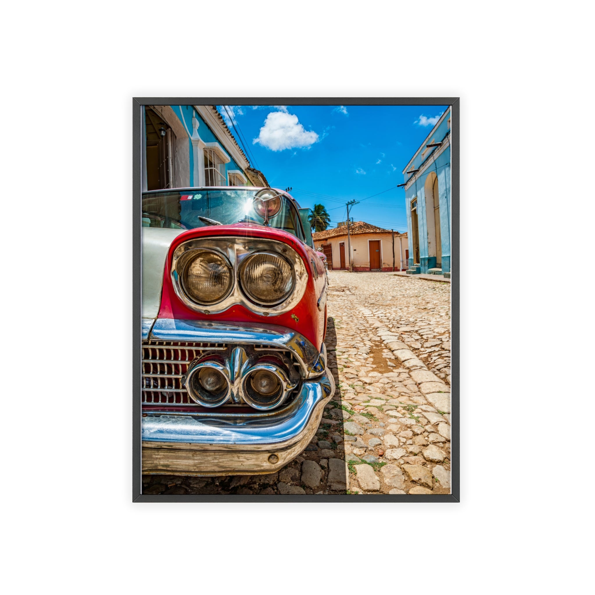 Vintage Classic Car Poster with Wooden Frame — Retro Cuba Street Photography Wall Art