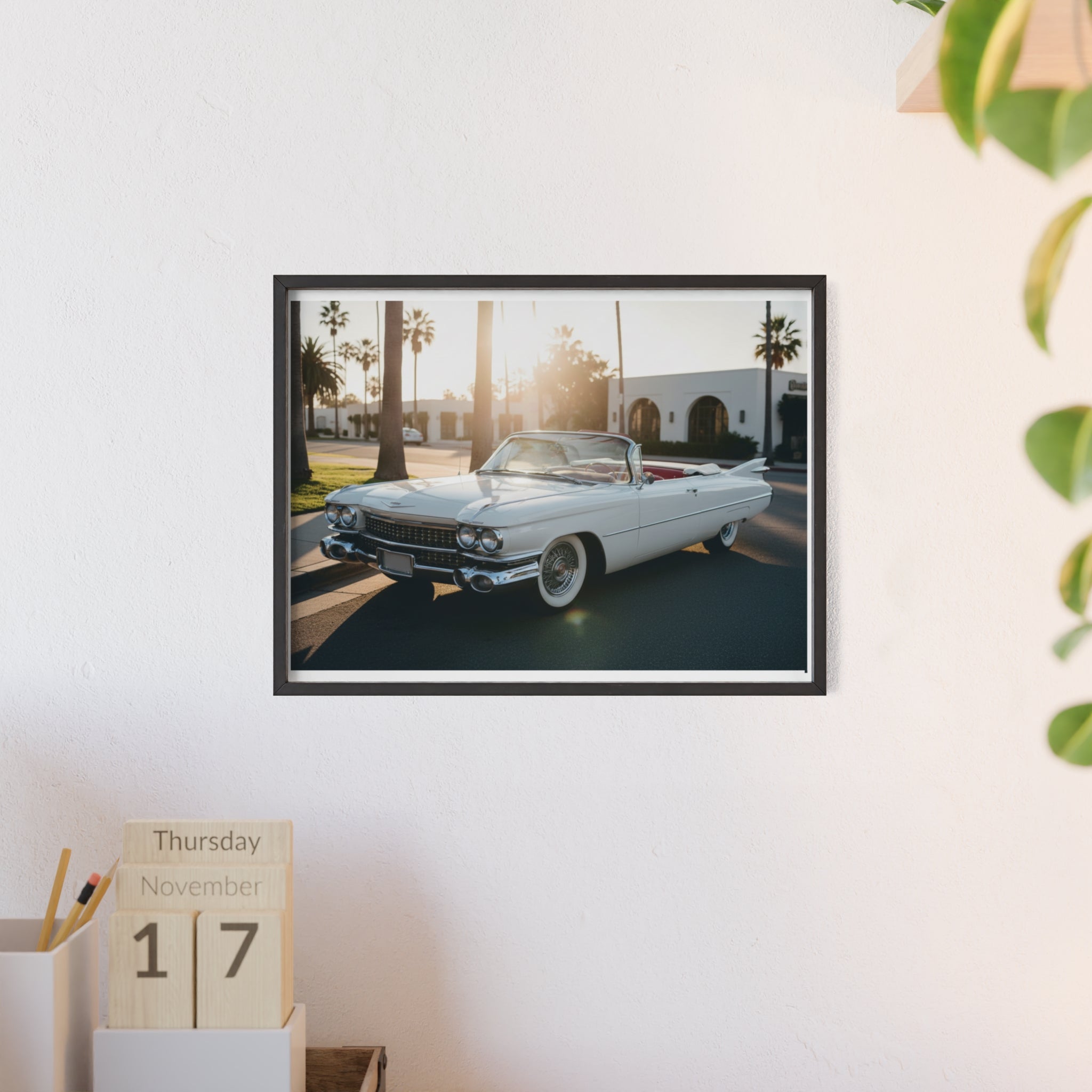 Vintage Cadillac Convertible Poster with Wooden Frame — Retro Palm Trees Sunset Wall Art
