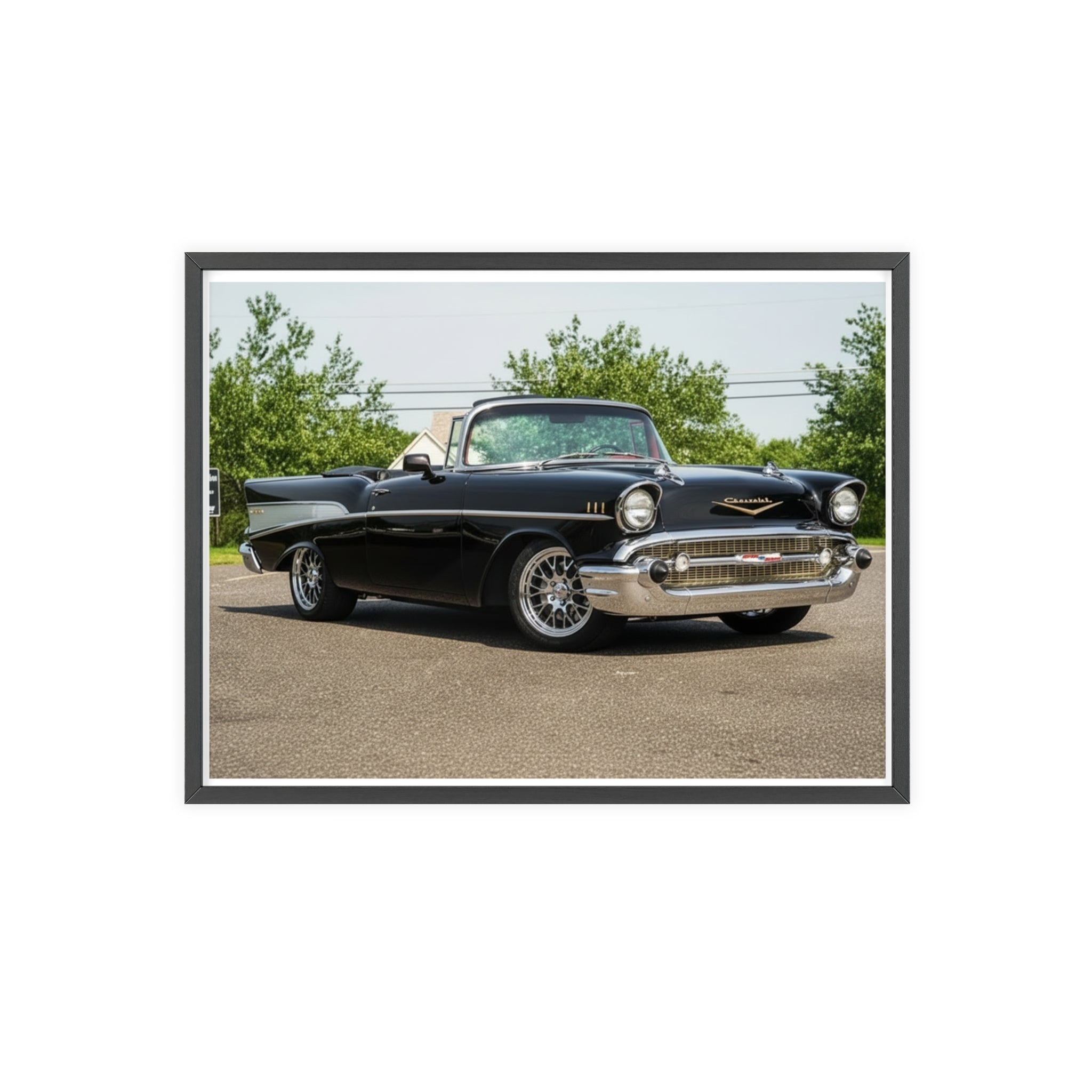 Classic Black 1957 Chevy Poster with Wooden Frame — Vintage Car Wall Art