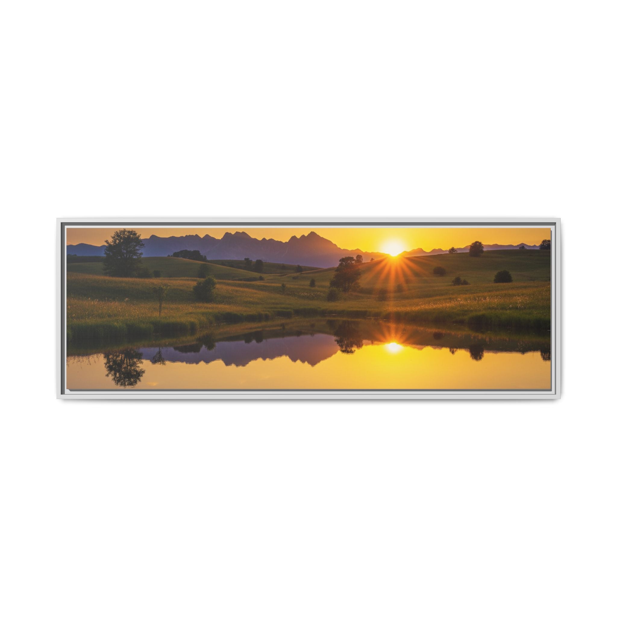 Framed Matte Canvas Sunset Landscape — Serene Lake Reflection Wall Art