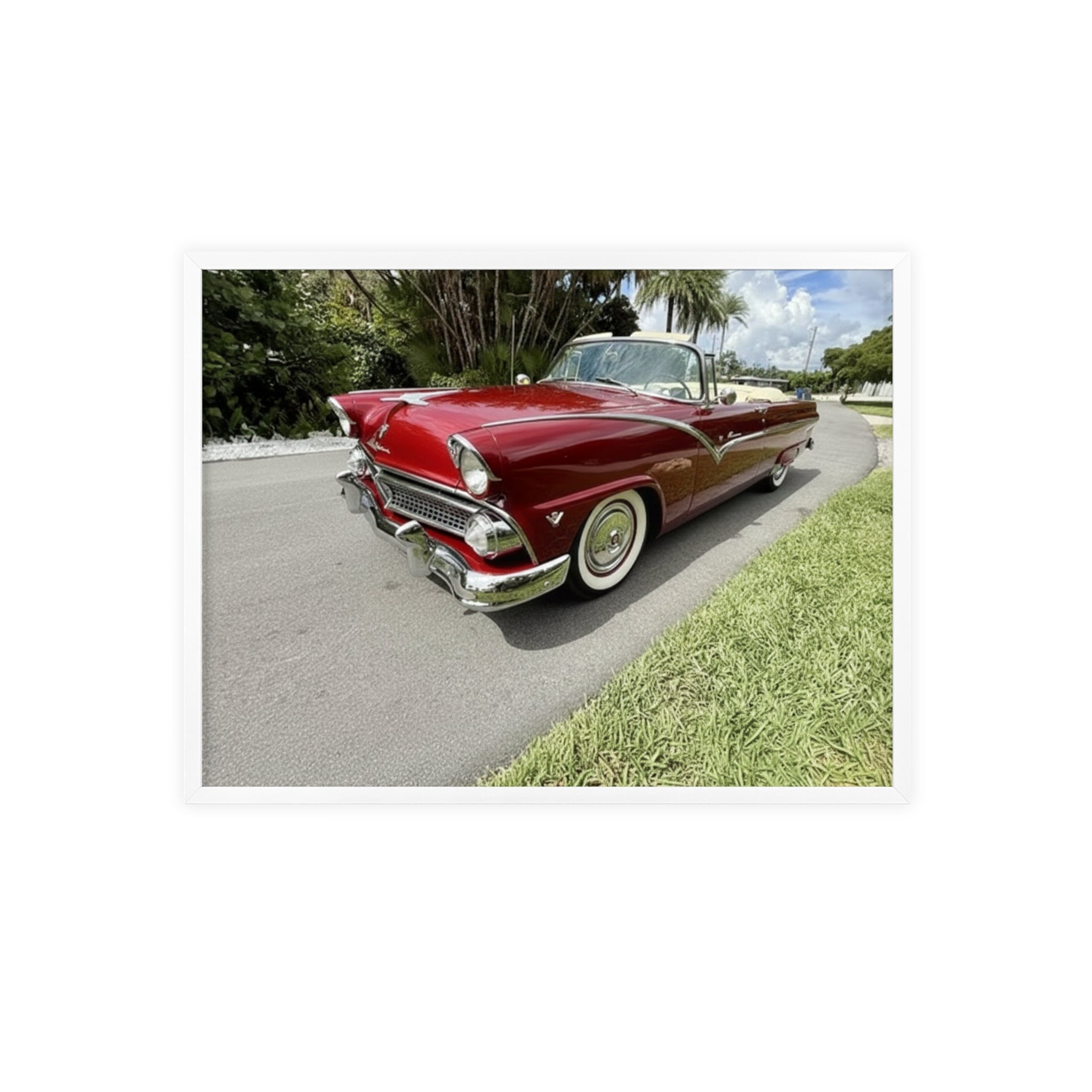 Vintage Red Convertible Poster with Wooden Frame — Classic Car Wall Art
