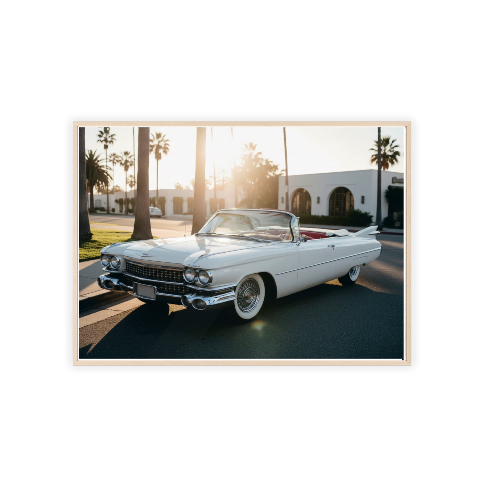 Vintage Cadillac Convertible Poster with Wooden Frame — Retro Palm Trees Sunset Wall Art