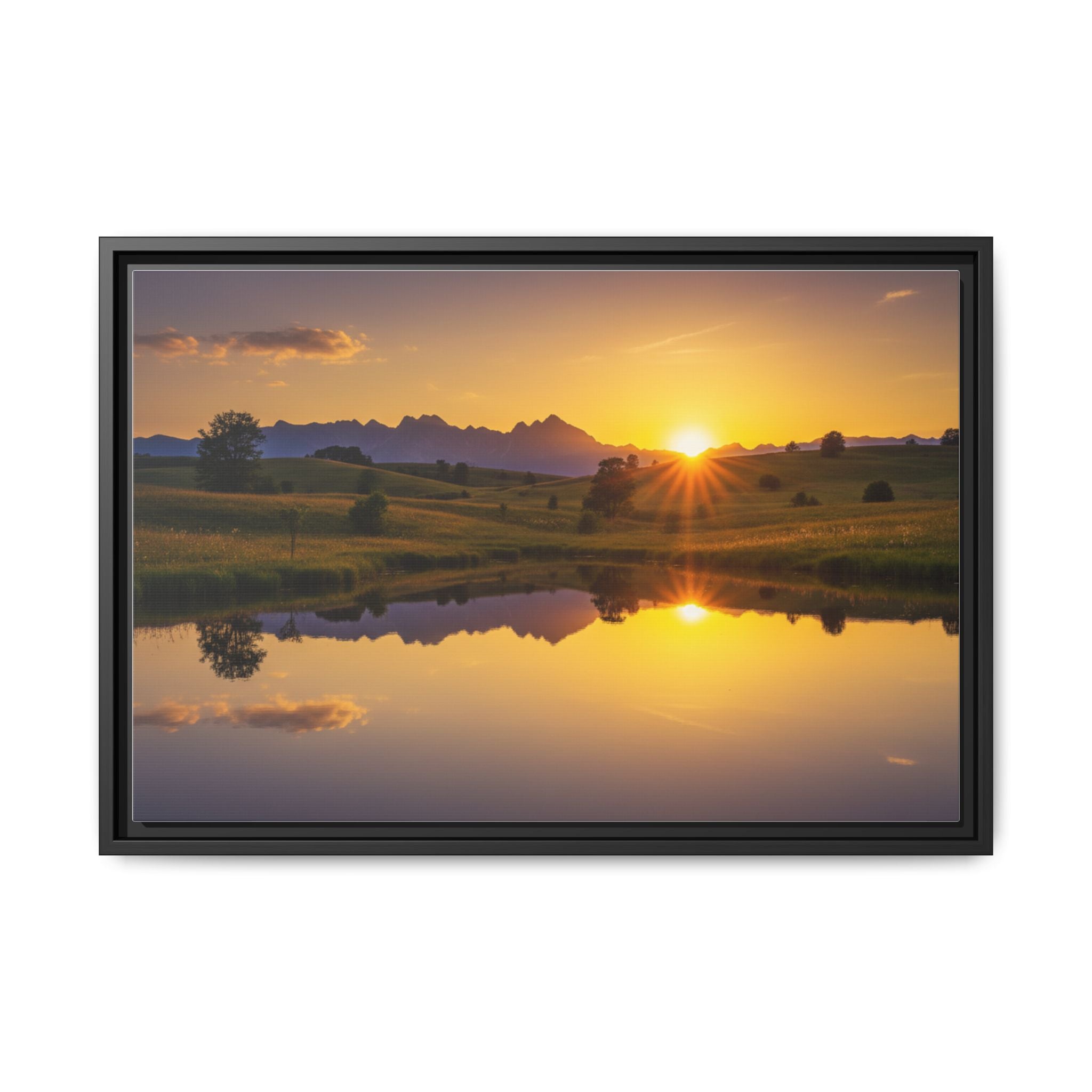 Framed Matte Canvas Sunset Landscape — Serene Lake Reflection Wall Art
