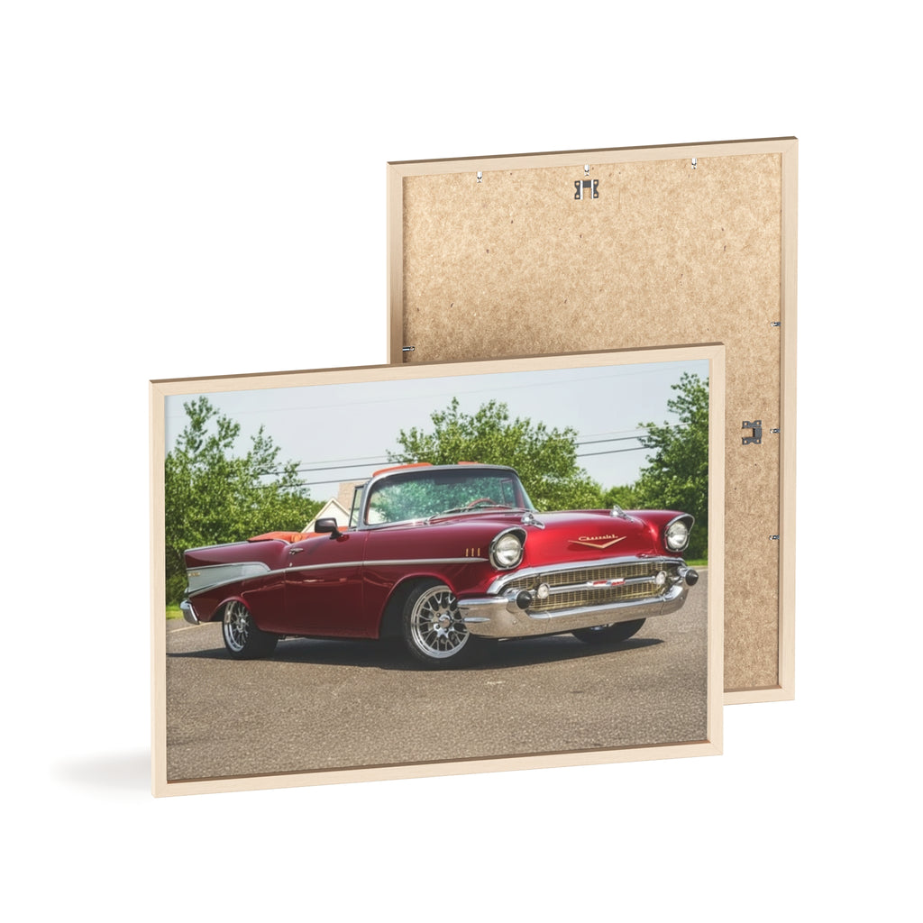 Vintage Red Classic Car Poster with Wooden Frame — Retro Automotive Wall Art
