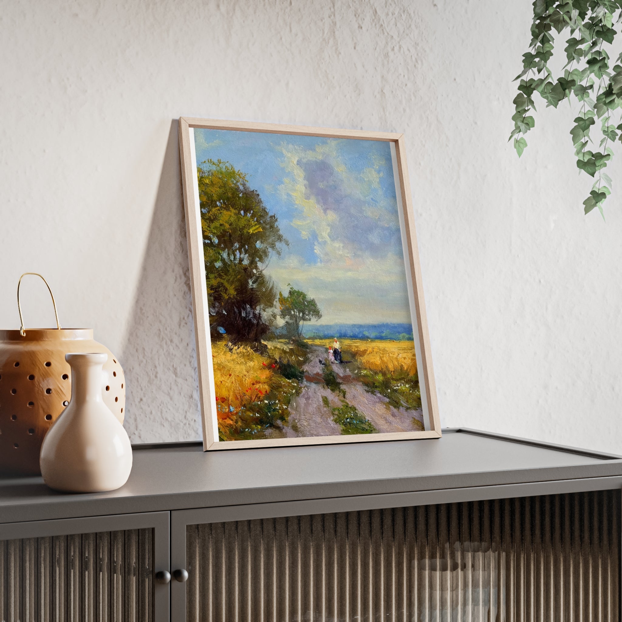 Framed Countryside Landscape Poster — Rustic Wooden Frame Wall Art