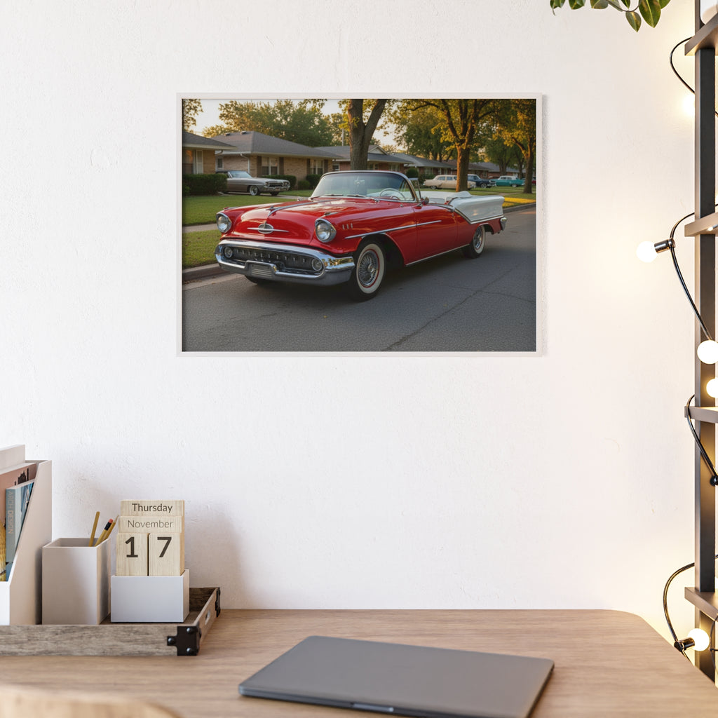 Vintage Red Convertible Poster with Wooden Frame — Classic Car Wall Art