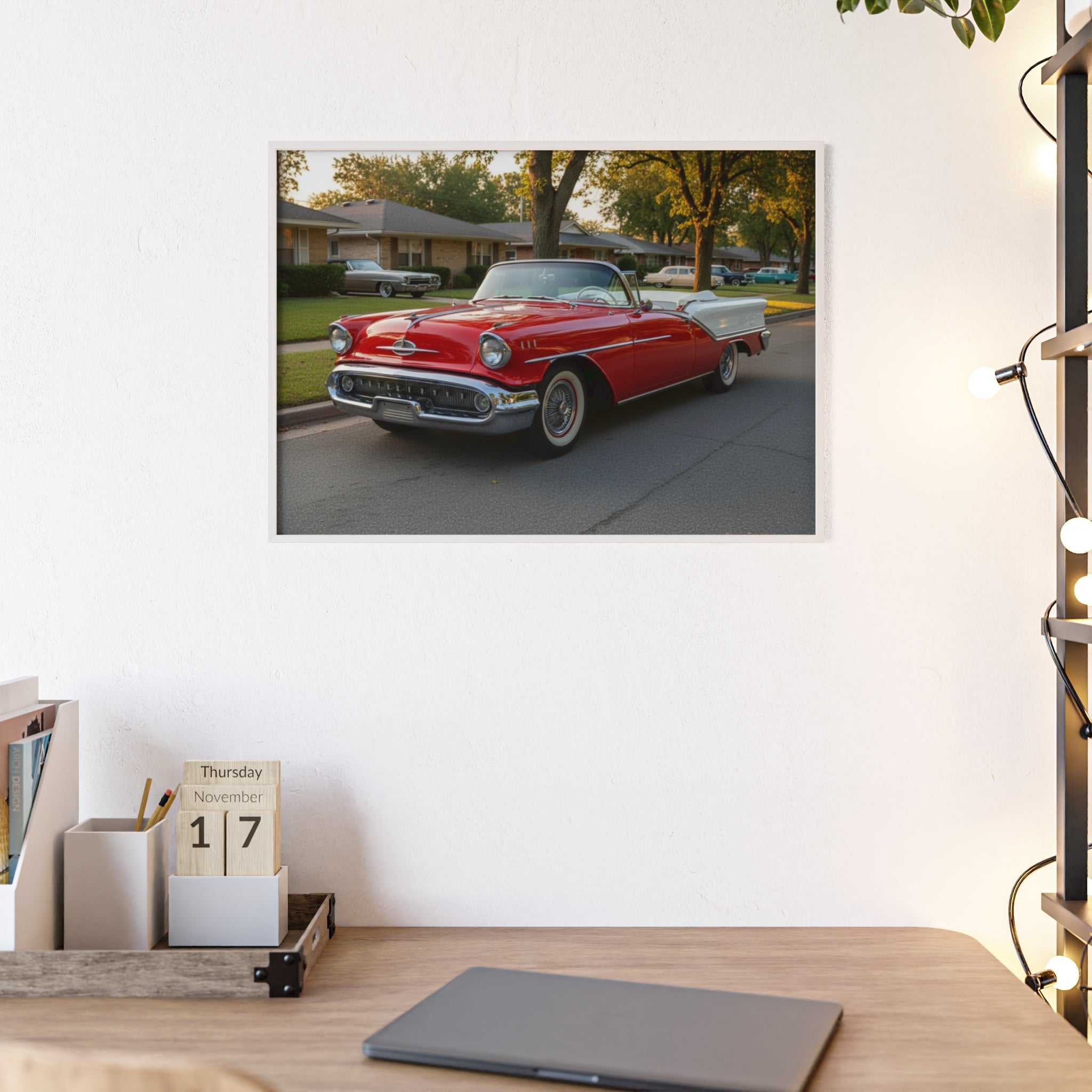 Vintage Red Convertible Poster with Wooden Frame — Classic Car Wall Art