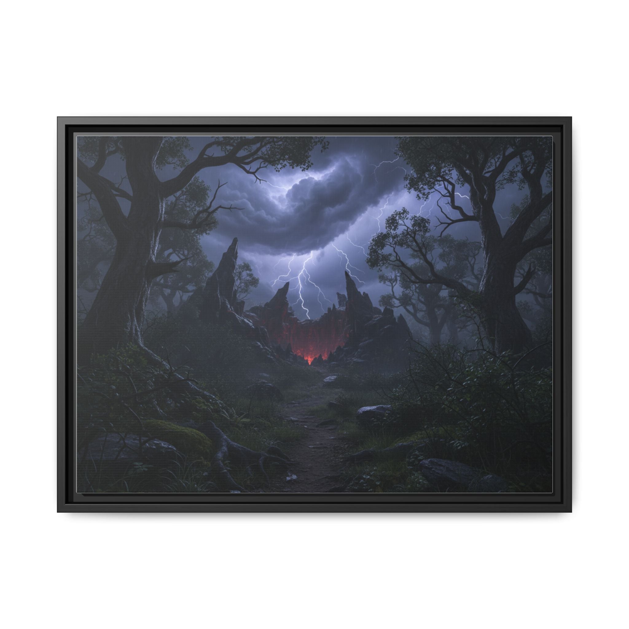Dark Storm Forest Framed Canvas Print — Lightning, Haunted Castle Art