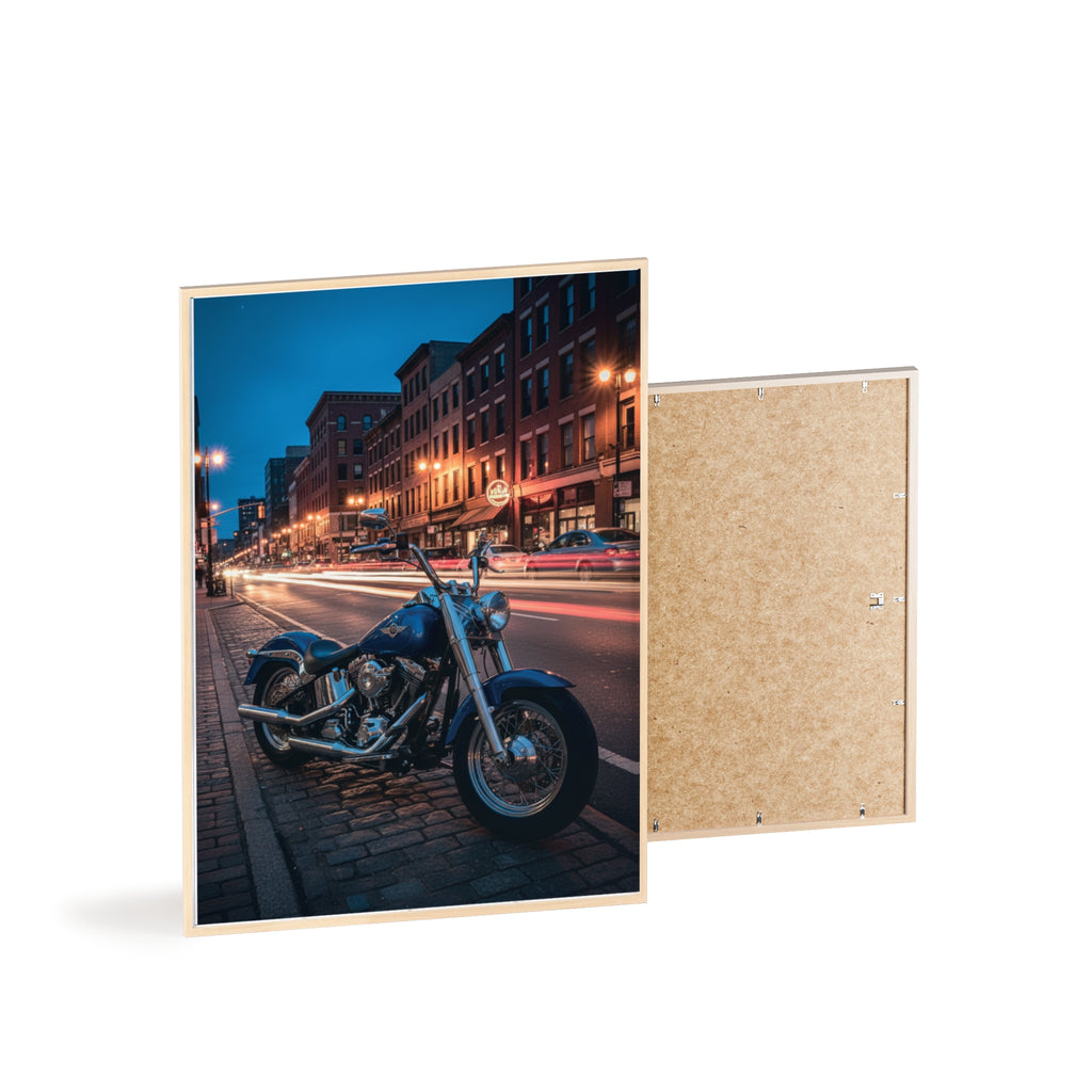 Framed Motorcycle Poster — Night City Street Bike Wall Art