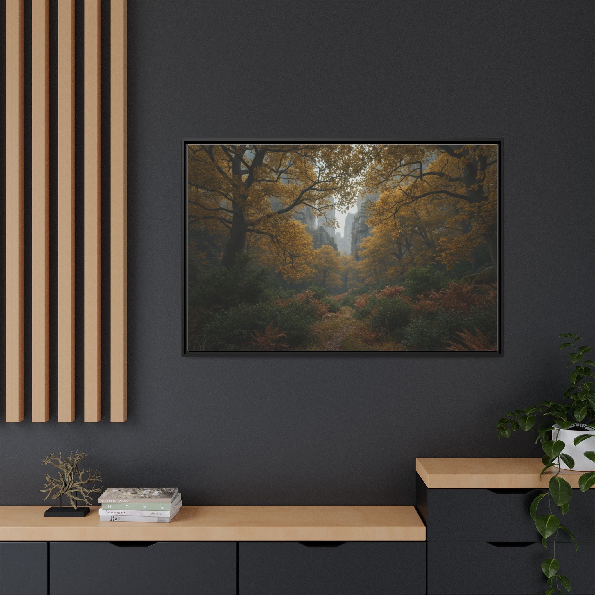 Autumn Forest Path Matte Canvas Print — Framed Wall Art