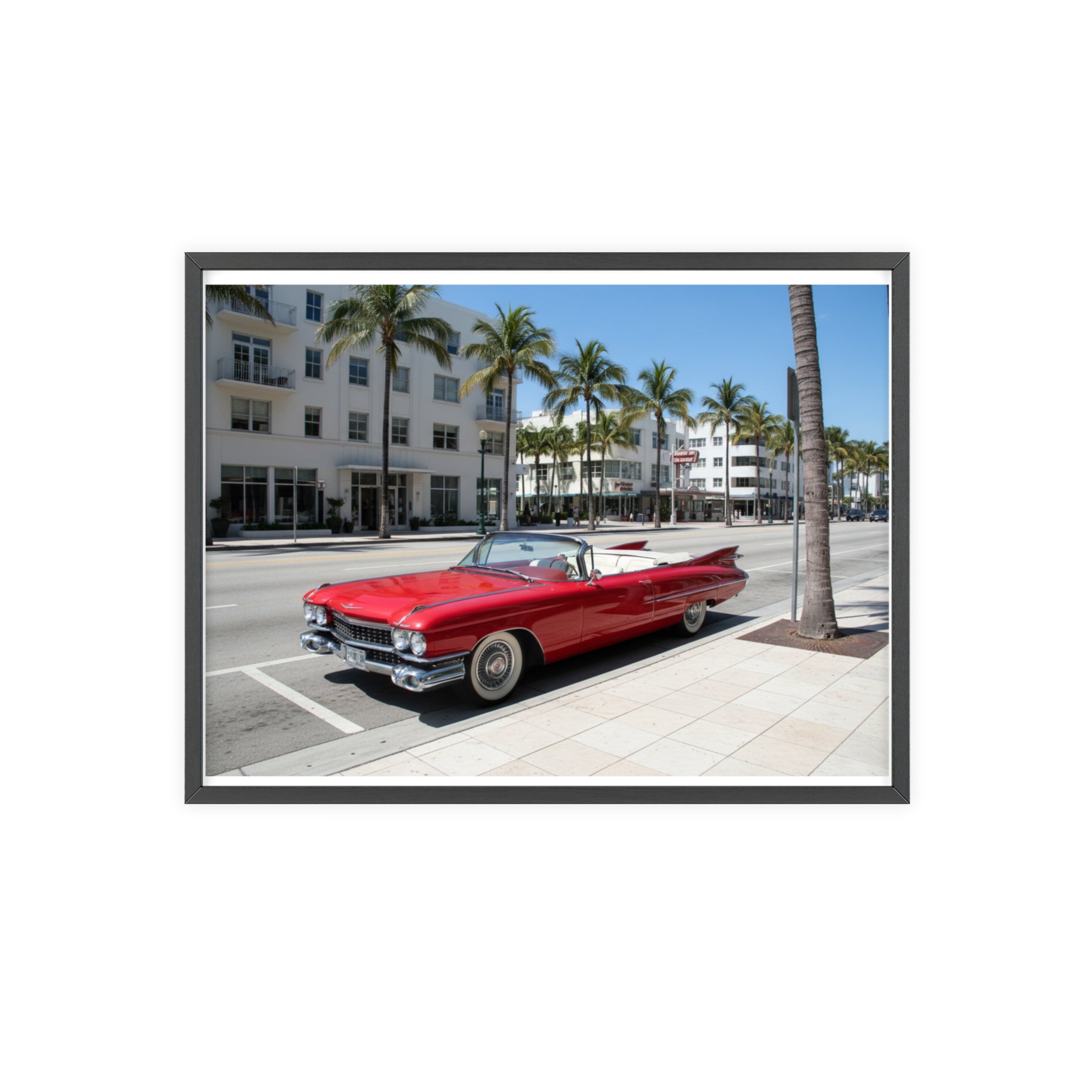 Retro Red Convertible Palm Beach Poster with Wooden Frame