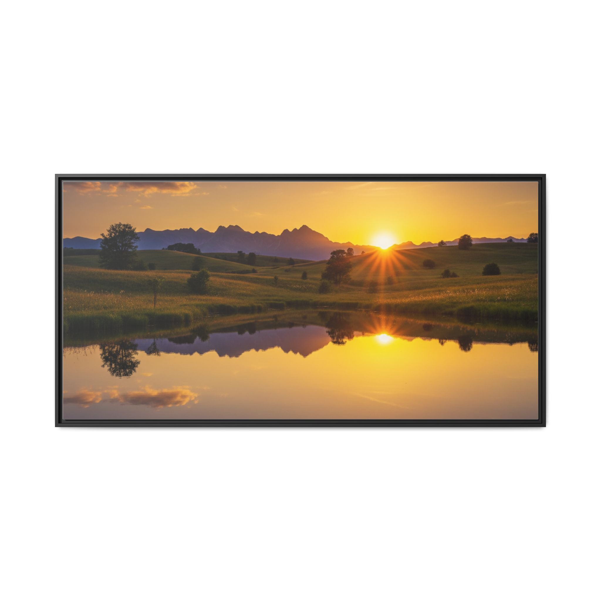 Framed Matte Canvas Sunset Landscape — Serene Lake Reflection Wall Art