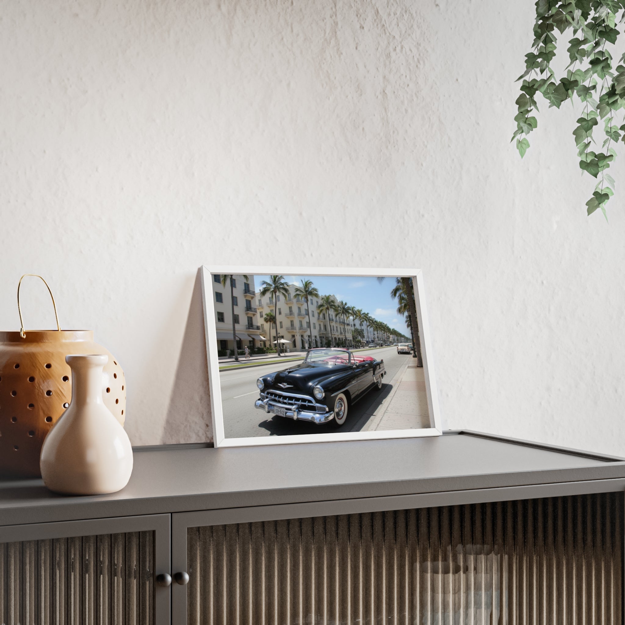 Vintage Convertible on Ocean Drive Framed Poster – Retro Classic Car Wall Art