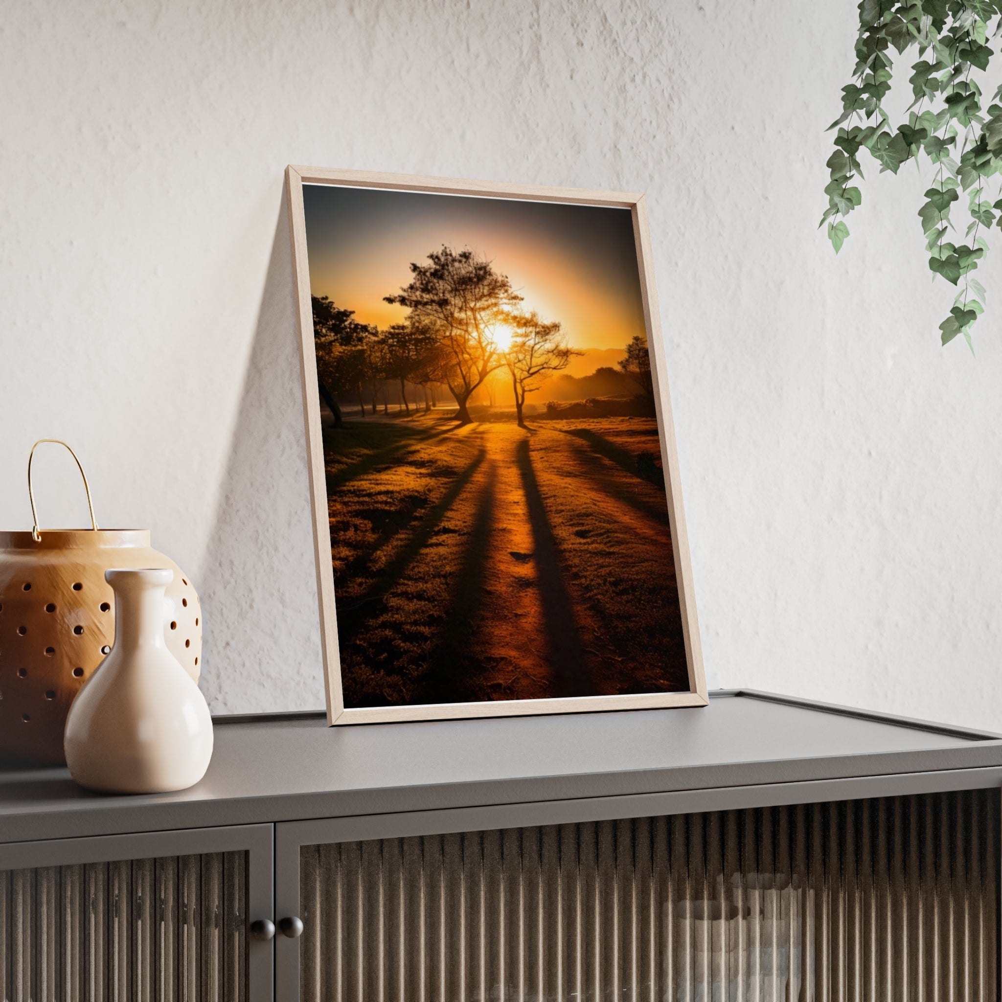 Sunrise Forest Poster — Framed Wooden Wall Art (Sunlit Trees)