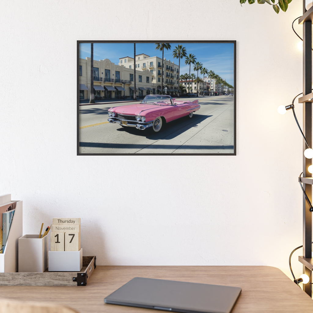 Retro Pink Cadillac Poster with Wooden Frame — Vintage Palm-Drive Wall Art