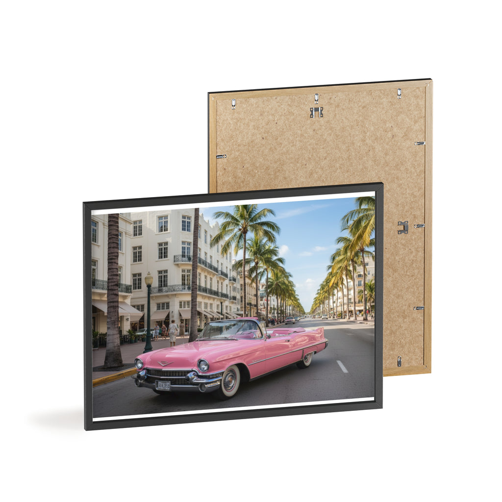 Vintage Pink Cadillac Wall Poster with Wooden Frame — Retro Miami Palm Street Photography