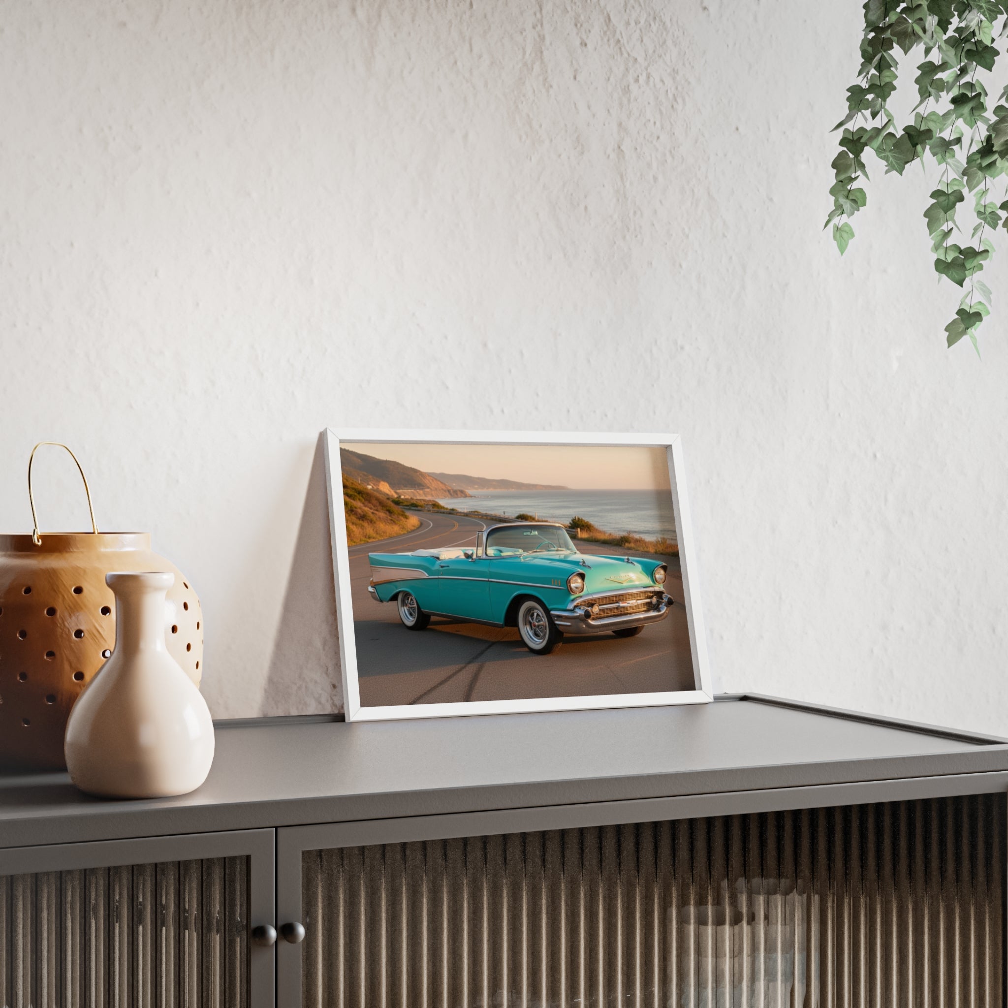 Vintage Teal Classic Car Poster with Wooden Frame — Coastal Road Print