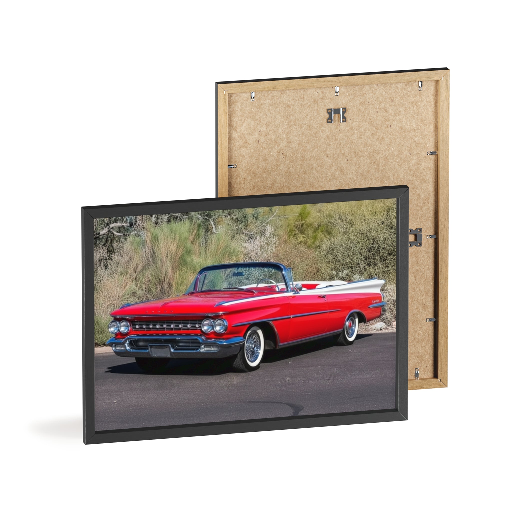 Vintage Red Convertible Car Poster with Wooden Frame — Classic Auto Wall Art