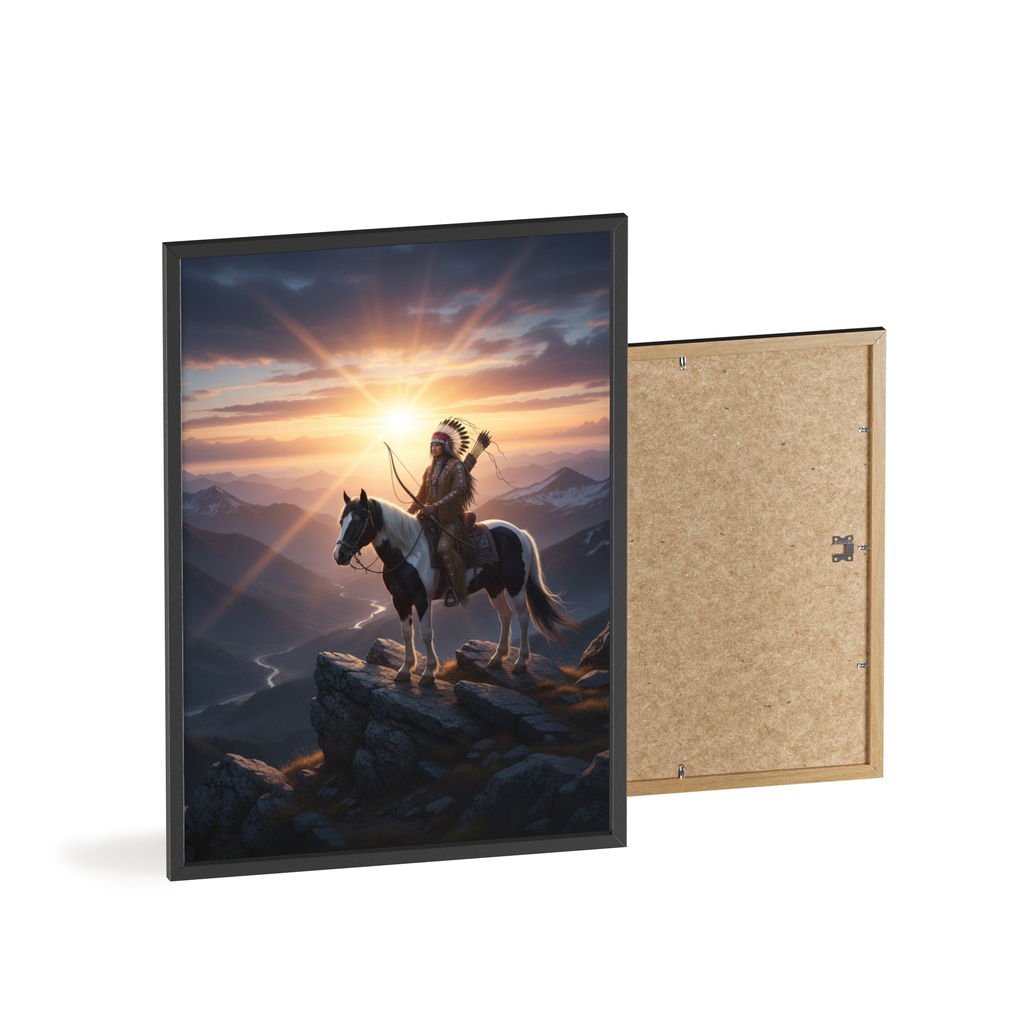 Native American Warrior on Horse Framed Poster — Scenic Sunrise Wall Art