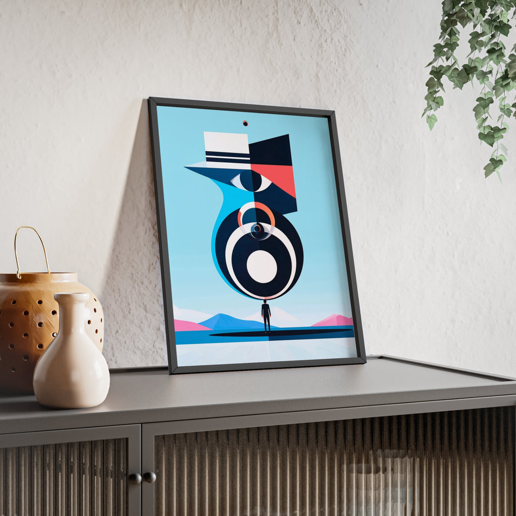 Abstract Geometric Bird Poster with Wooden Frame — Modern Minimalist Wall Art
