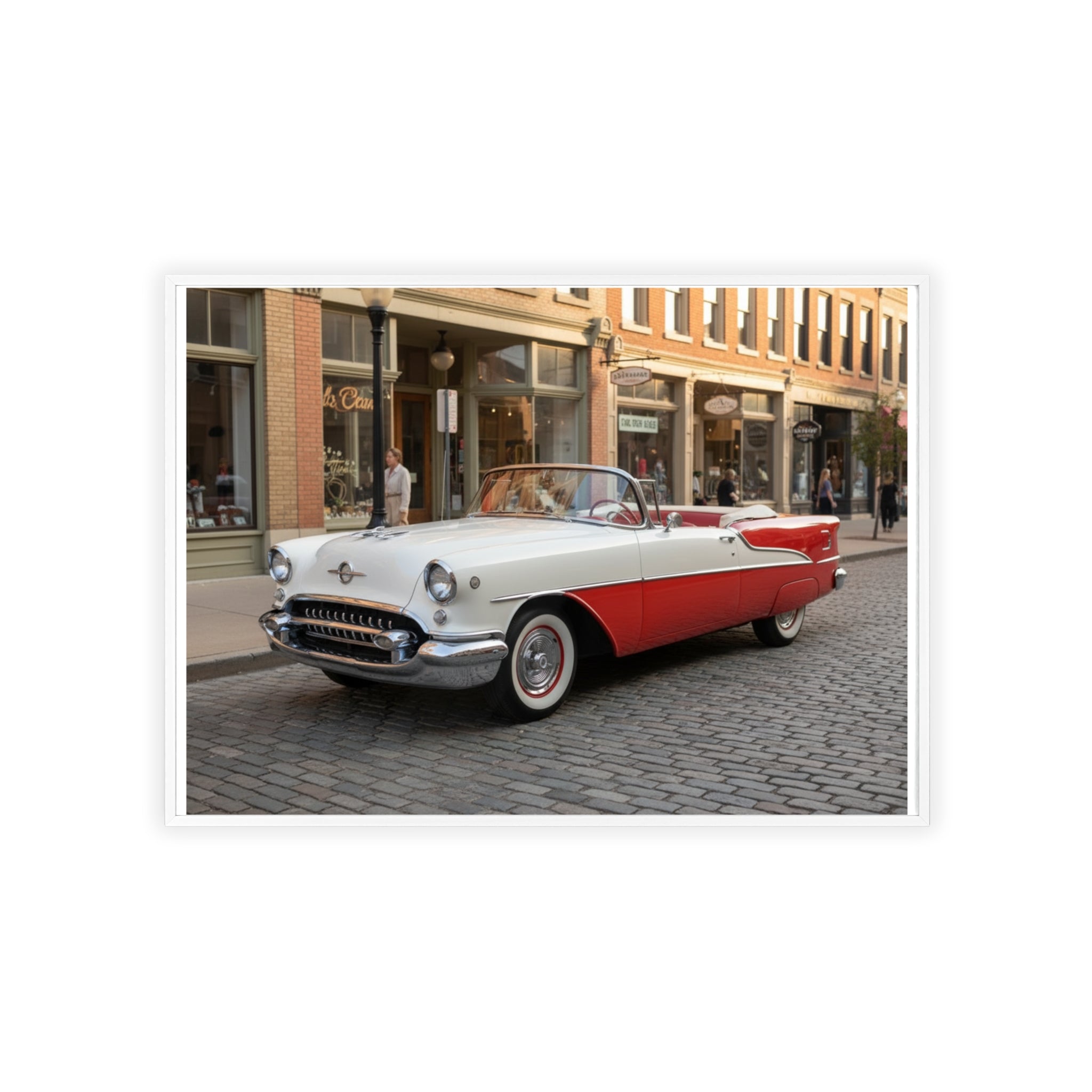 Vintage Red & White Convertible Poster with Wooden Frame — Retro Car Wall Art