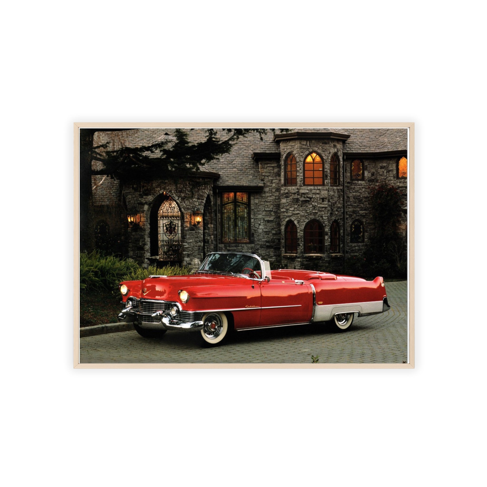 Vintage Red Convertible Poster with Wooden Frame — Classic Car Wall Art