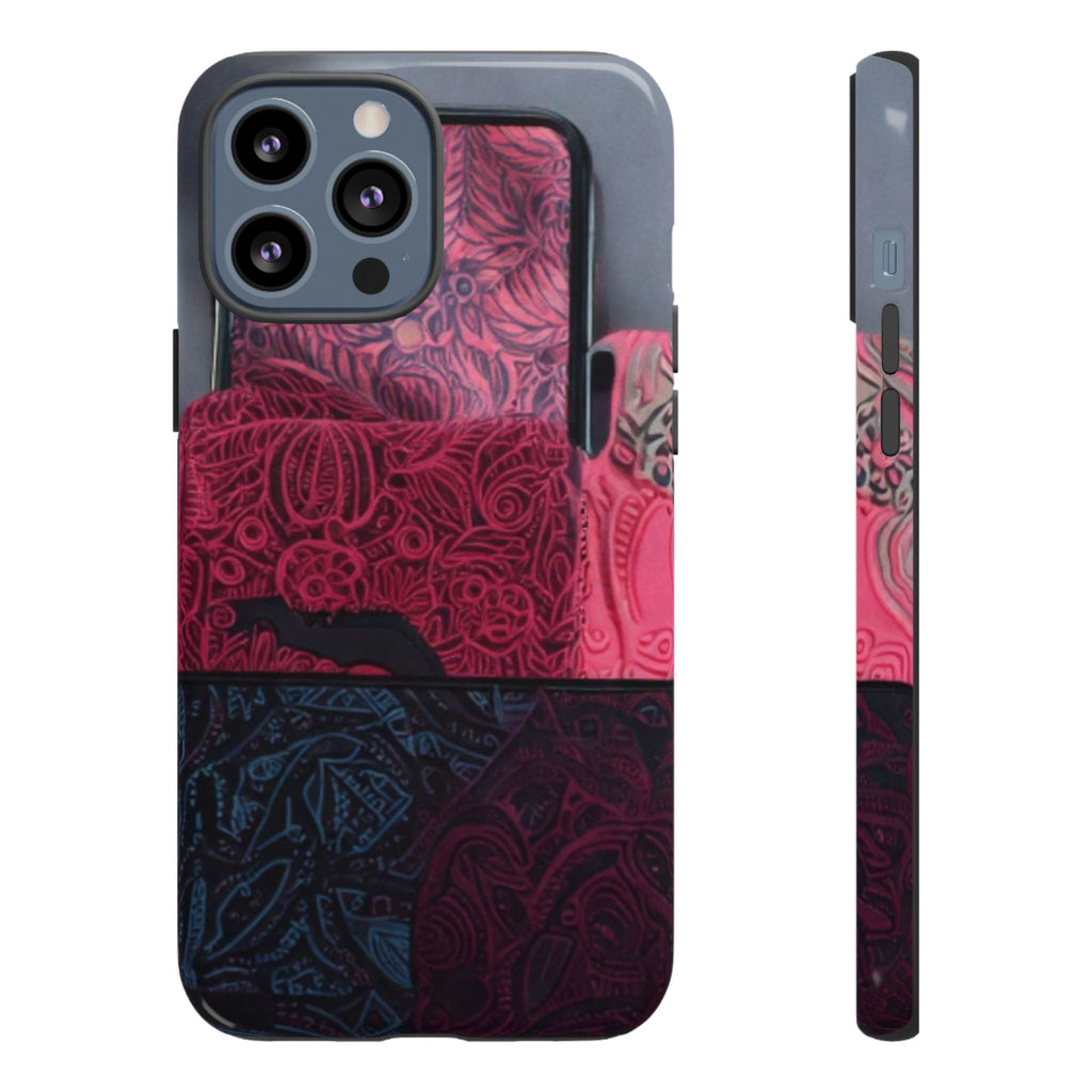 Floral Patchwork Tough Phone Case — Pink & Navy Doodle Design