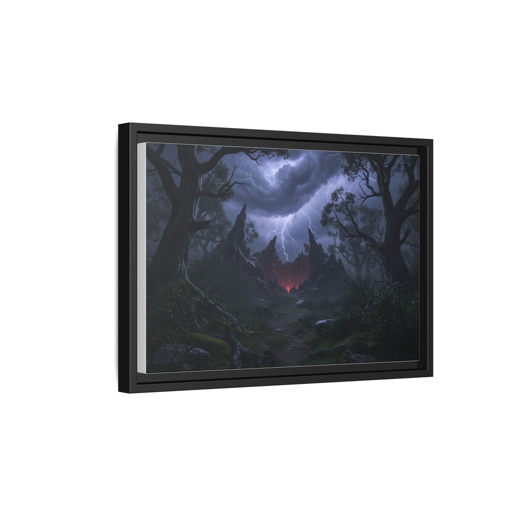 Dark Storm Forest Framed Canvas Print — Lightning, Haunted Castle Art