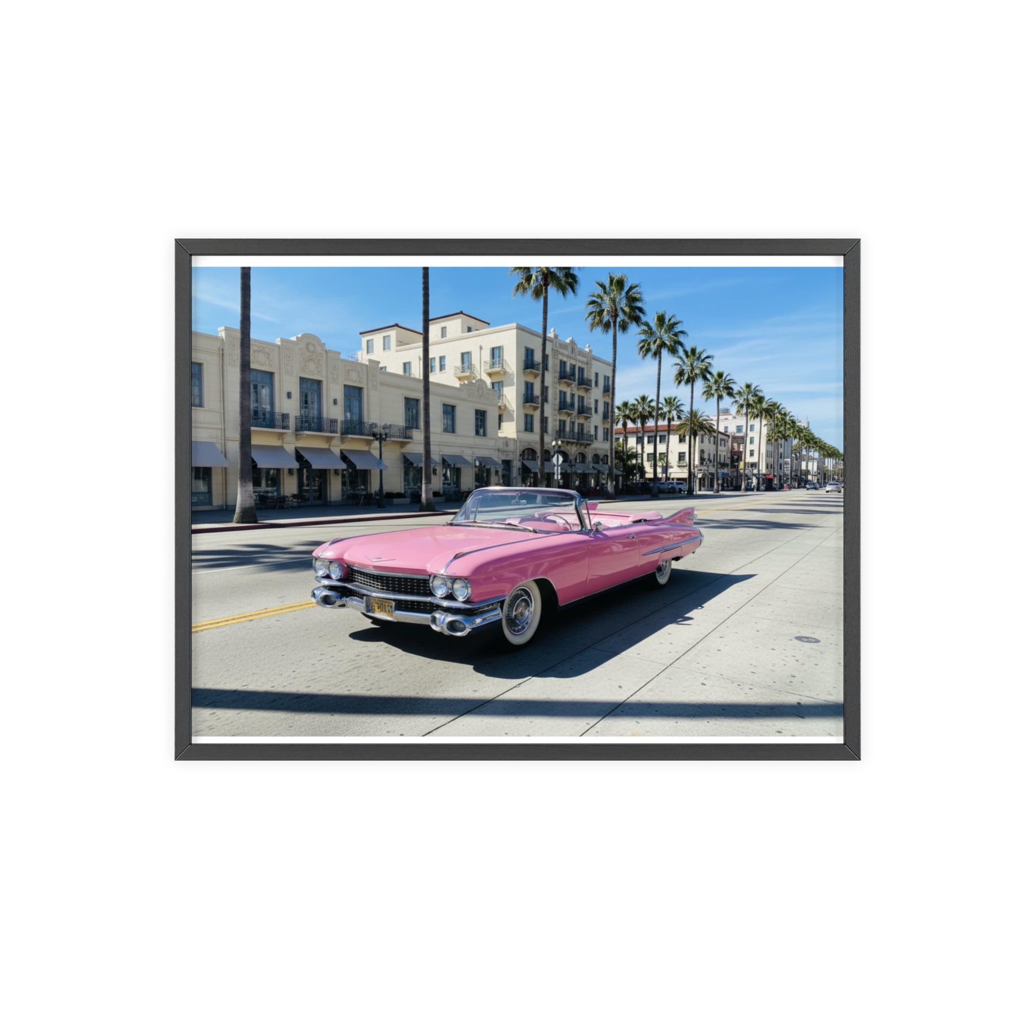 Retro Pink Cadillac Poster with Wooden Frame — Vintage Palm-Drive Wall Art