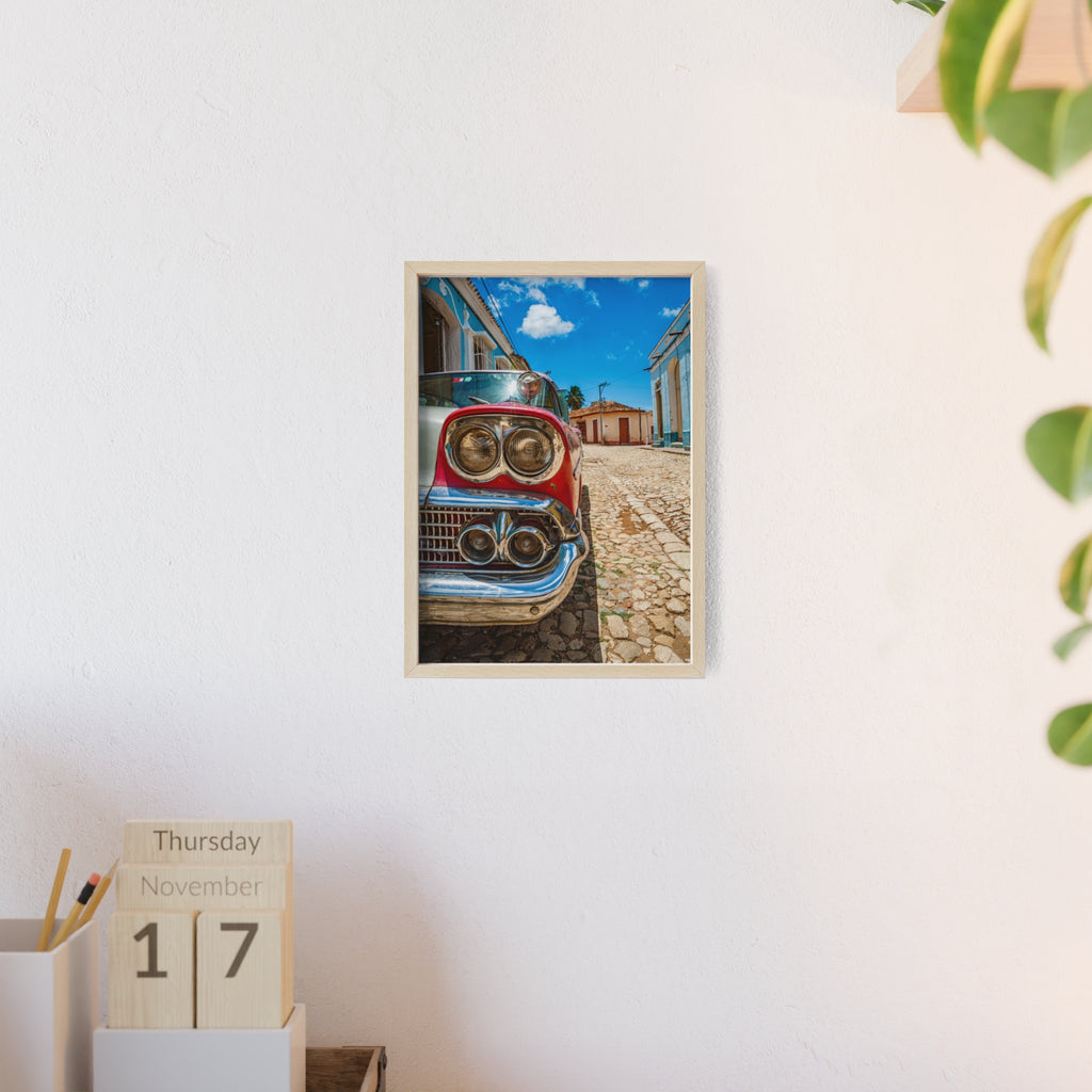 Vintage Classic Car Poster with Wooden Frame — Retro Cuba Street Photography Wall Art