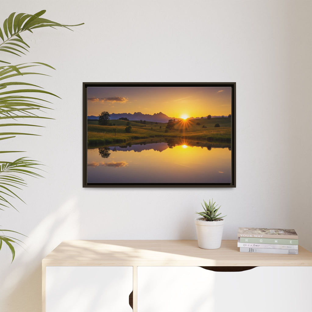Framed Matte Canvas Sunset Landscape — Serene Lake Reflection Wall Art